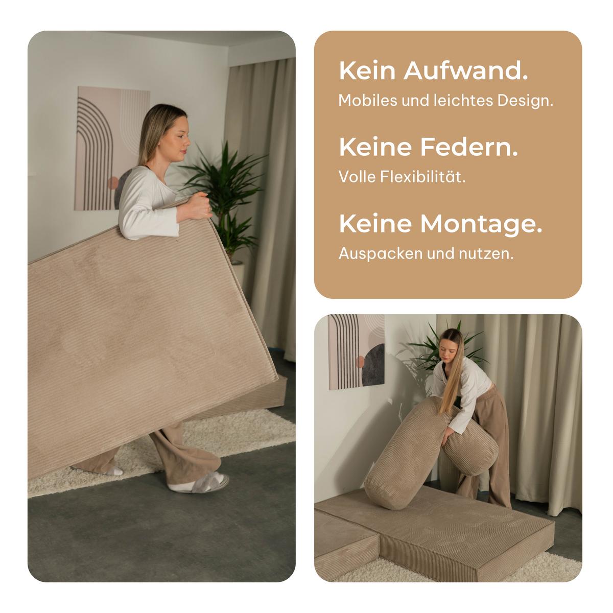 ECKSOFA ETERA modulares Boneless Sofa mit Schlaffunktion Creme Cordstoff - Creme, Textil (270/160cm) - MASSENO