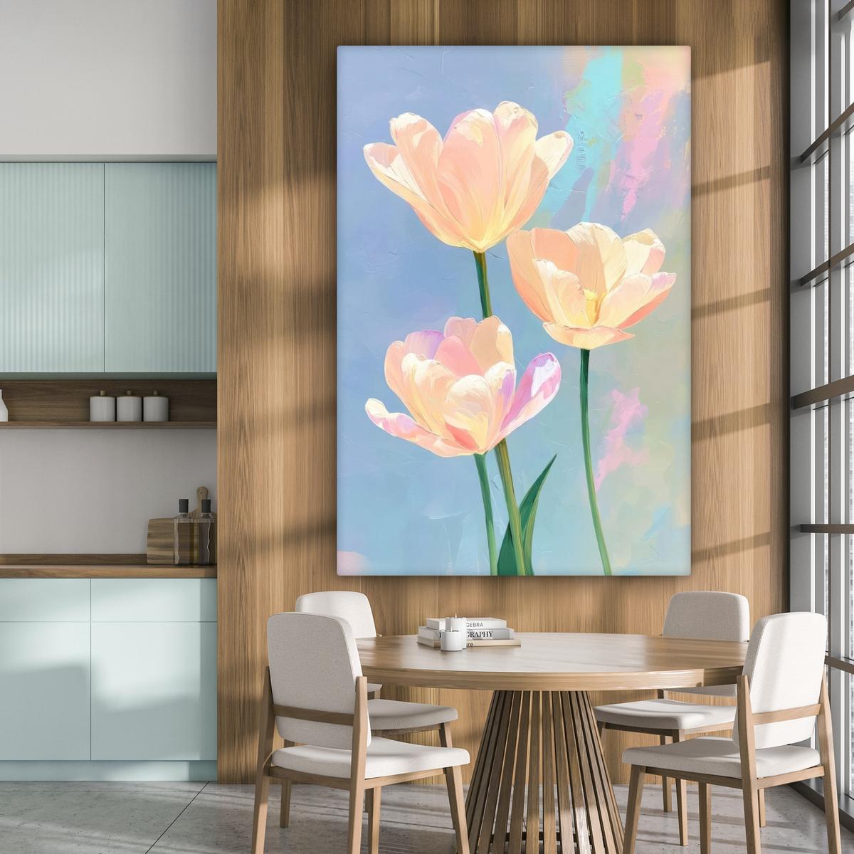 LEINWANDBILD Tulpen - Rosa Akzente - Blau Deko Groß 90x140 cm - Pastellblau, Textil (90/140cm) - MuchoWow