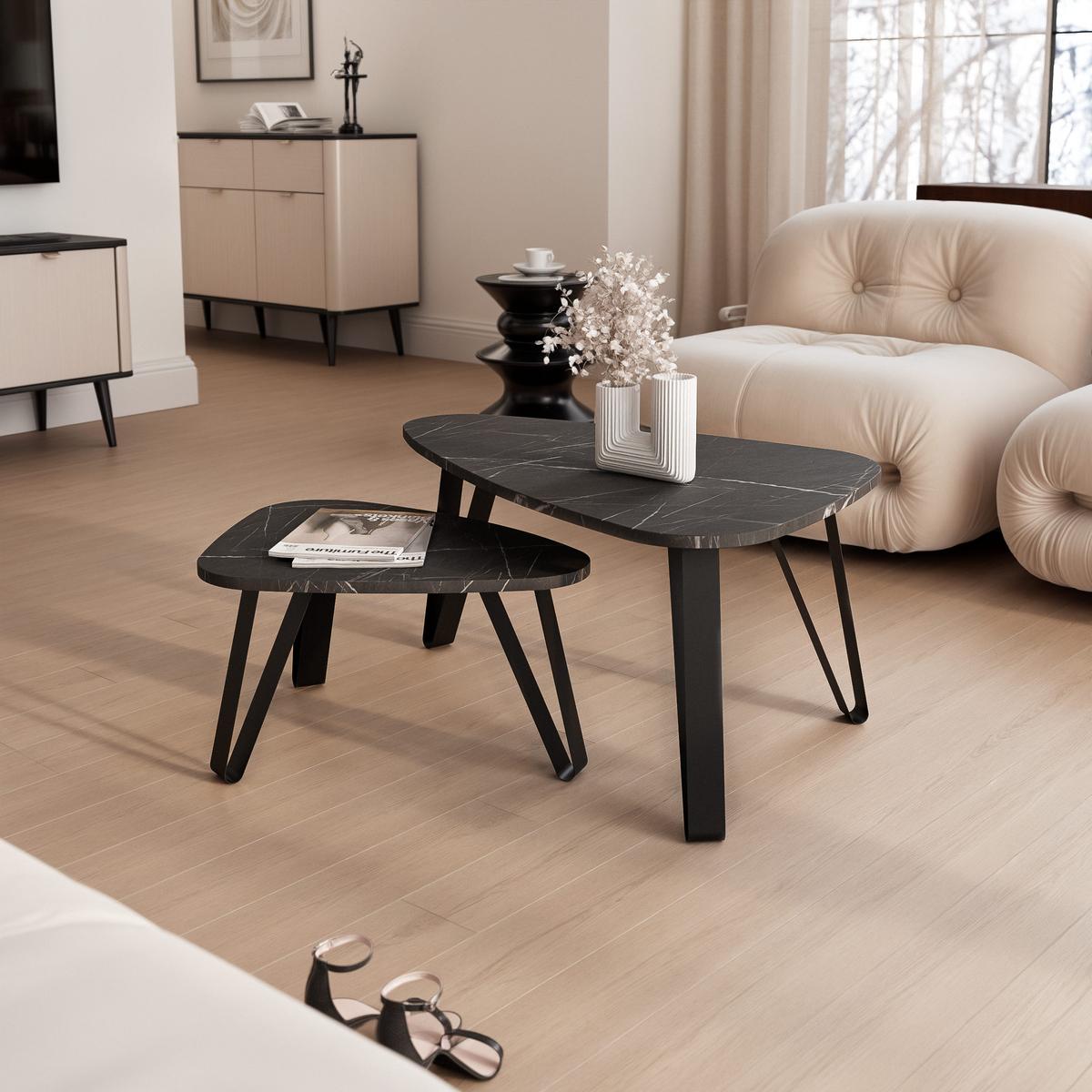 SATZTISCH NOA Stahlgestell, Freiform, Schwarz / Grigia Pietra - Schwarz/Grau, Holzwerkstoff/Metall (94/60/42cm) - Idohome