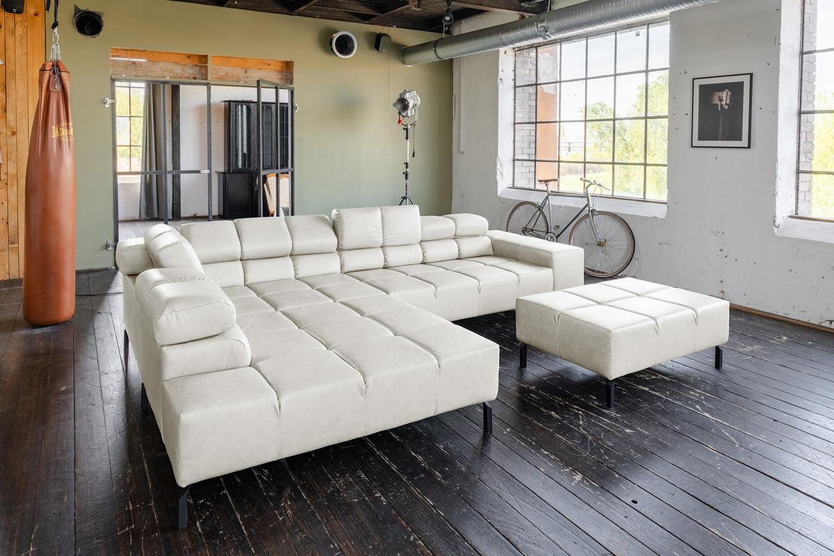 ECKSOFA NELSON Hellgrau Leder - Hellgrau/Schwarz, Leder/Metall (321/216cm) - KAWOLA