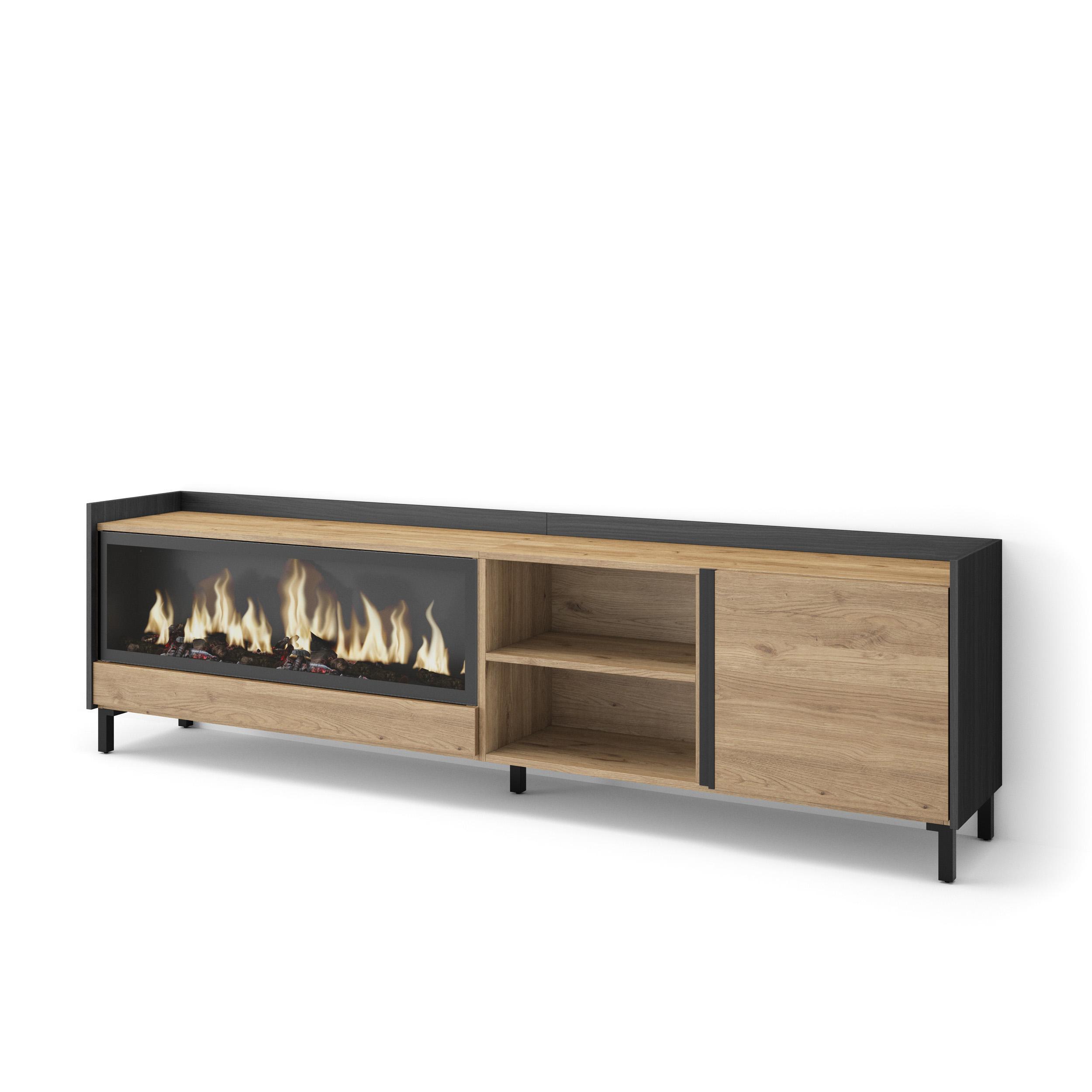 LOWBOARD, Eiche und Schwarz, 212/35/61cm, Kamin mit Feuereffekt XXL - Eichefarben, Holzwerkstoff (212/61/35cm) - Skraut Home