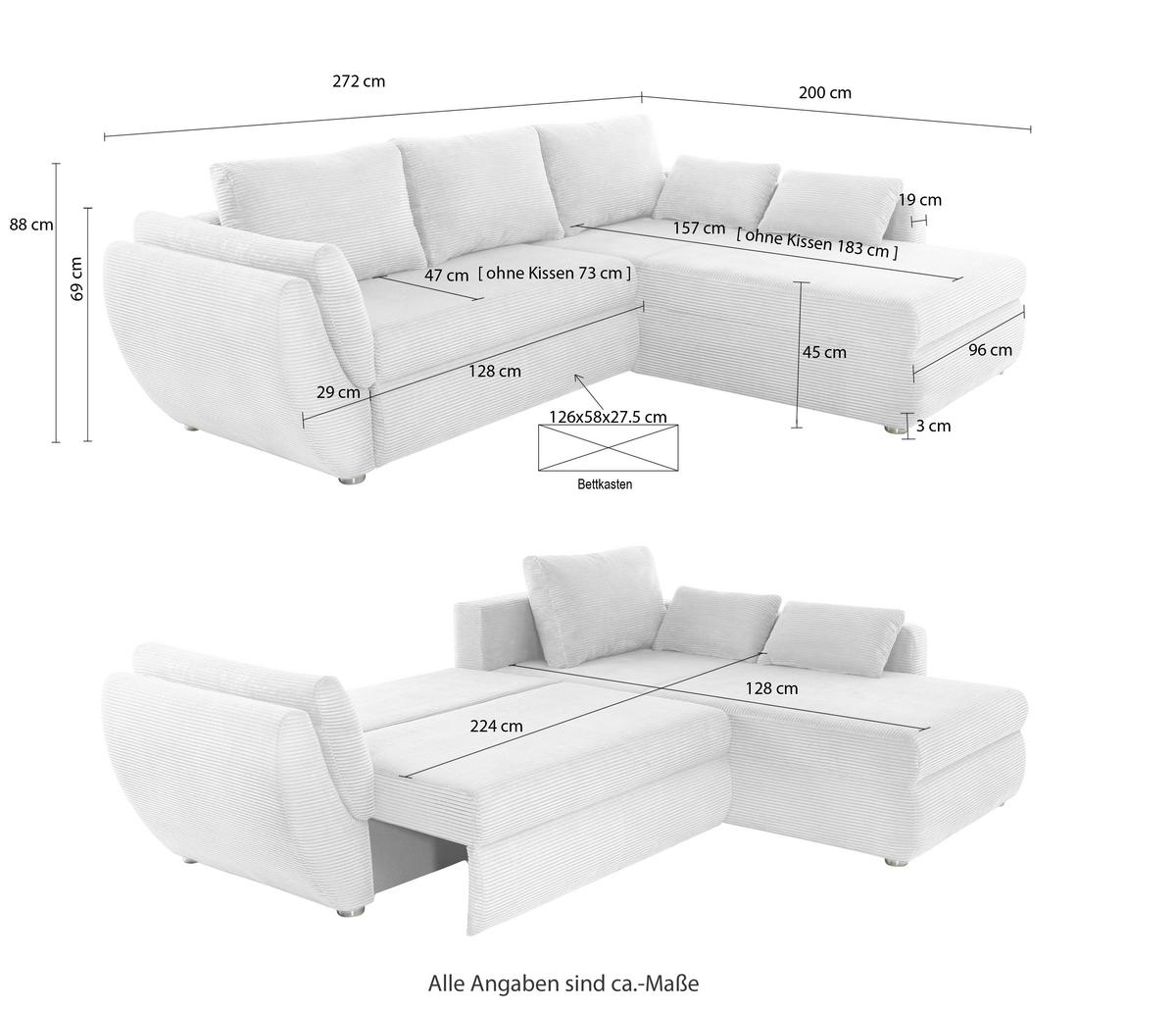 ECKSOFA mit Schlaffunktion und Bettkasten, seitenverkehrt montierbar B272/T200/H88 cm, Liegefläche 128x224 cm, Mikrofaser Dunkelgrau / 15228 - Chromfarben/Dunkelgrau, Kunststoff/Textil (272/200cm) - luma-home