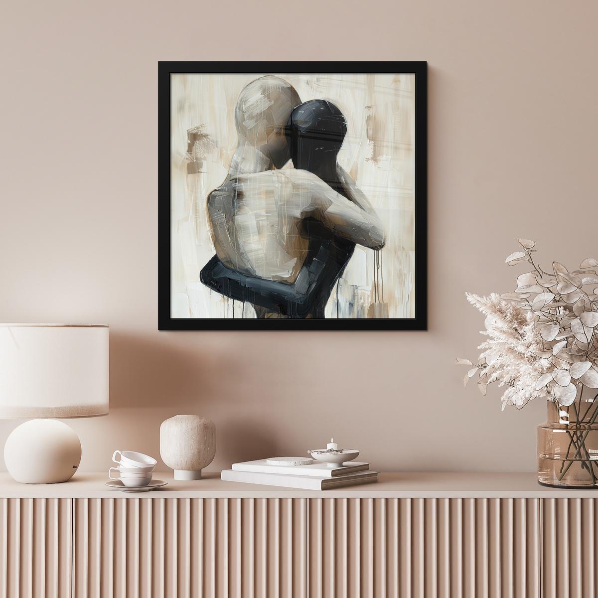 POSTER MIT RAHMENGERAHMTES BILD Abstrakt - Liebe - Schwarz und weiß - Modern 40x40 cm - Schwarz, Papier (40/40cm) - MuchoWow