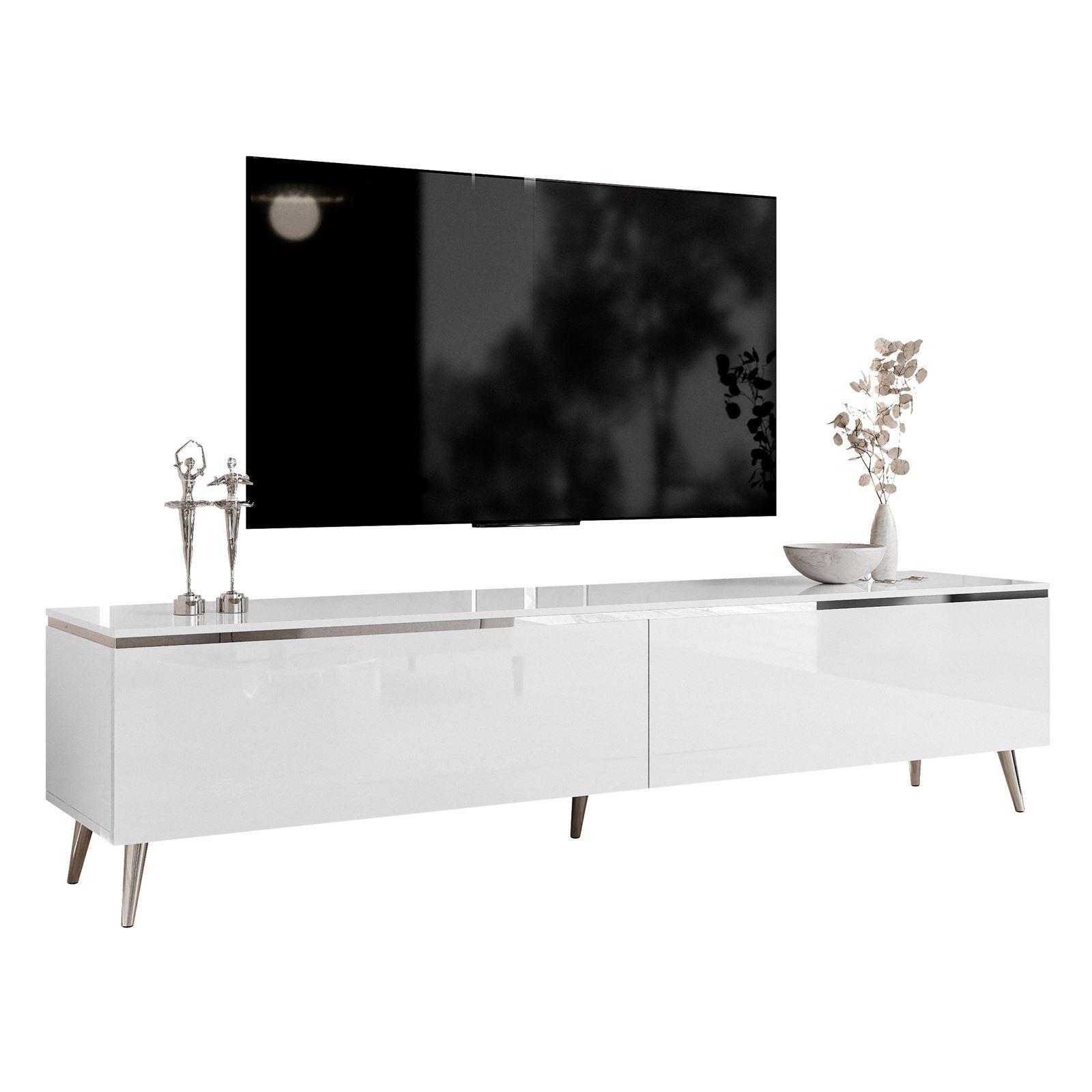 TV-SCHRANK AURORA SILVER 180 cm mit LED-Beleuchtung – schräge Chrombeine - Chromfarben/Weiß Hochglanz, Holzwerkstoff/Metall (180/45/40cm) - Lookway