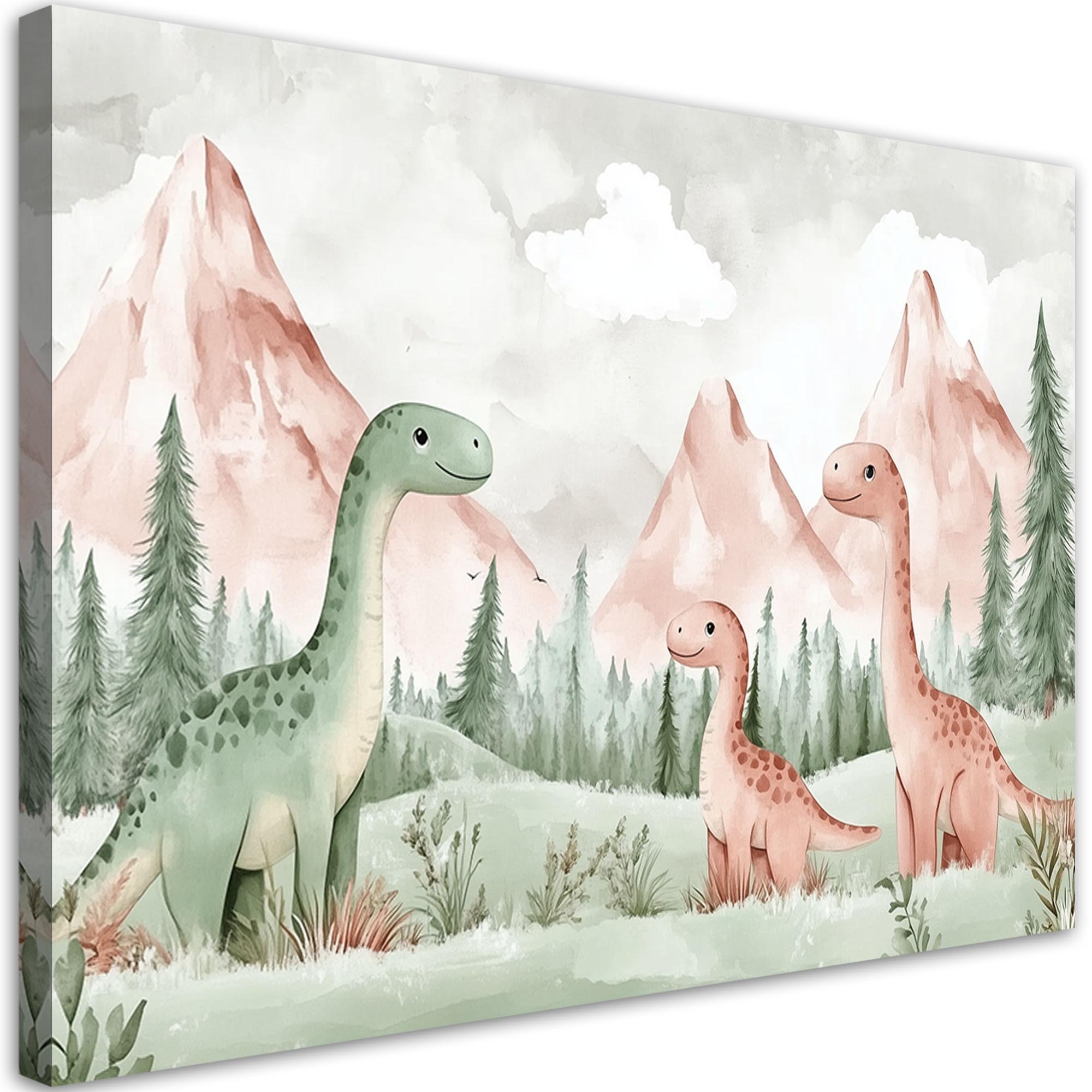 WANDBILD für kinderzimmer dinosaurier berge grüner wald - Grün, Textil (100/70cm) - Feeby
