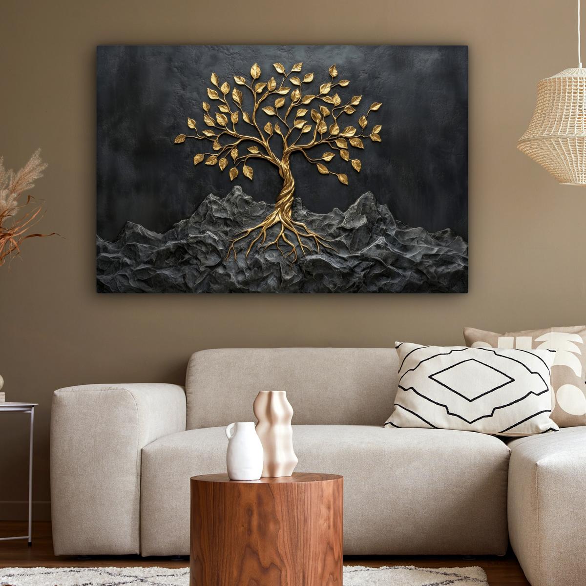 LEINWANDBILD Blätter - Gold - Baum - Fels Groß 140x90 cm - Schwarz, Textil (140/90cm) - MuchoWow