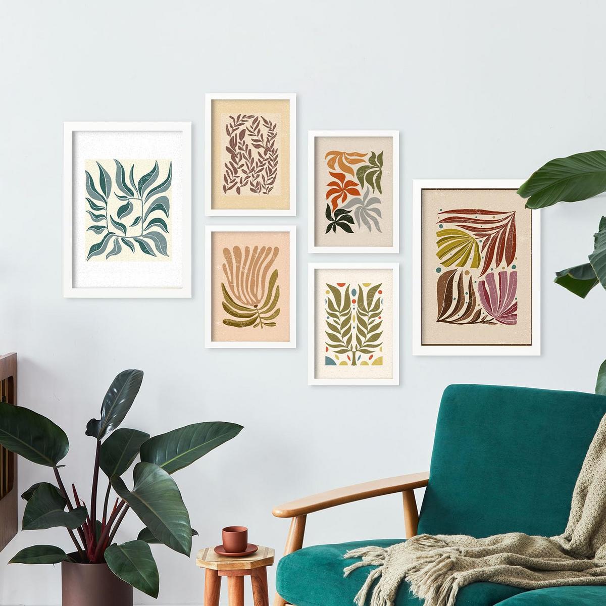 POSTER Set Mit 6 Drucken Von Blättern In Der Sammlung Ethnischer Ästhetische Dekorative Rahmen Für Ihr Zuhause Wandkunstdruck A3 & A4 Weißer Rahmen - Weiß, Papier (29/3cm) - Nacnic
