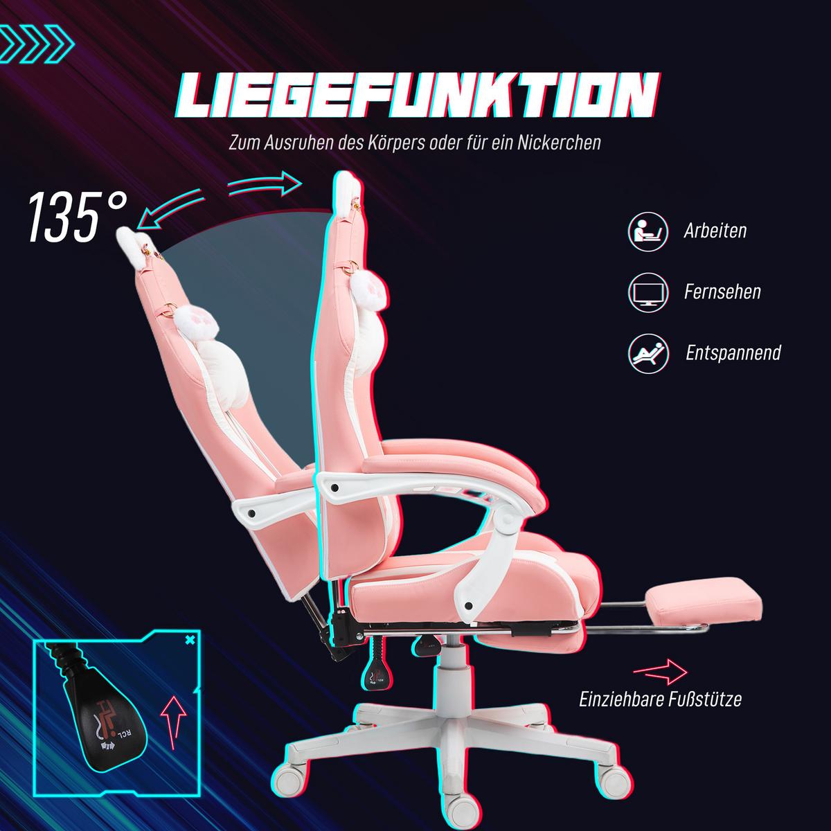GAMING Stuhl Ergonomischer Gamer Stuhl mit Lendenwirbelstütze, Fußstütze Rosa - Rosa/Weiß, Leder/Kunststoff (62/124/65cm) - HOMCOM