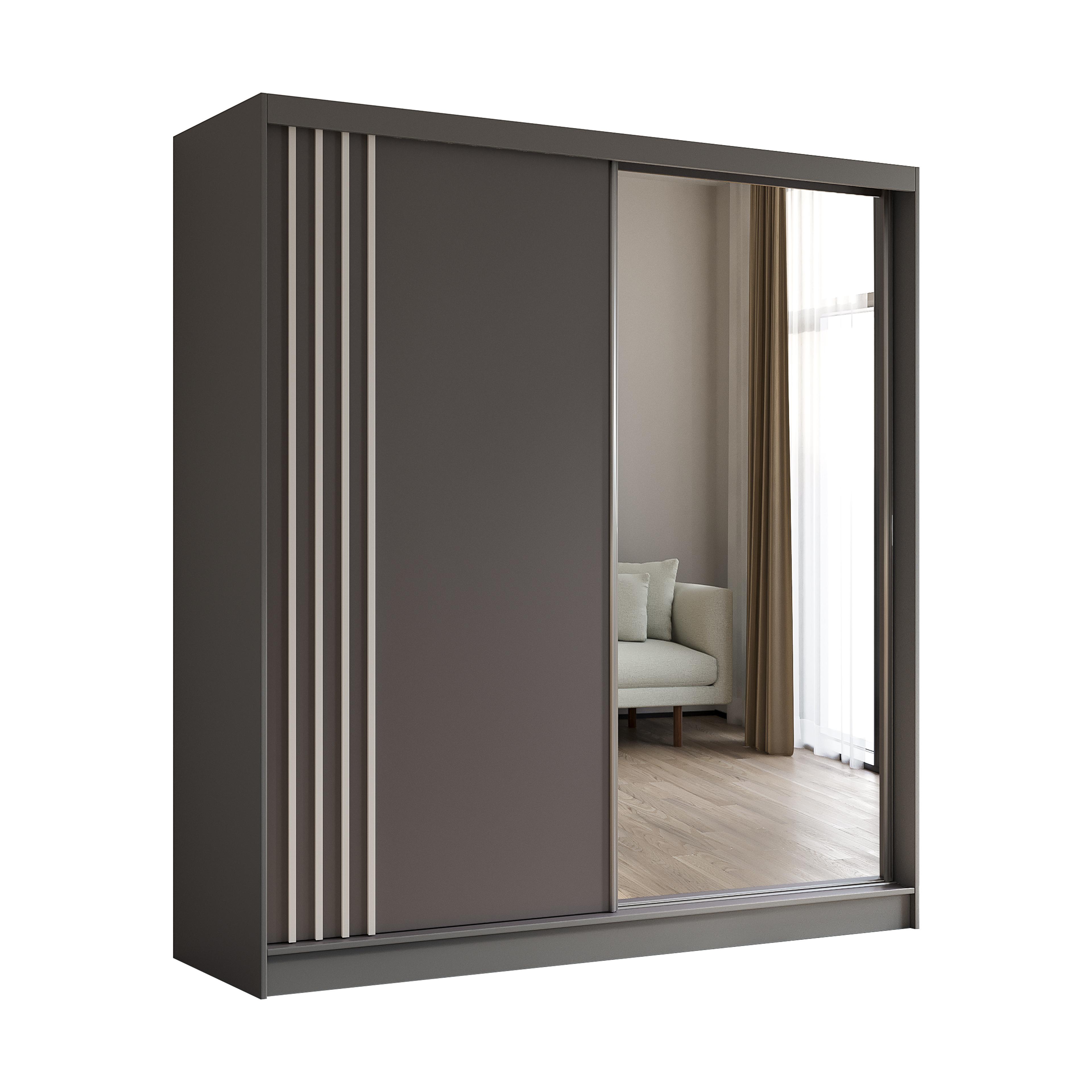 KLEIDERSCHRANK mit Spiegel-Schiebetüren und Aluminium-Leisten, LED-Beleuchtung - NALLA - 200 cm Grau+Grau+Weiß - Weiß/Grau, Holzwerkstoff (200/216/61cm) - ALTDECOR