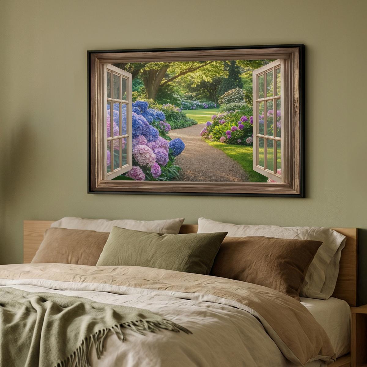 LEINWAND Bilder mit Rahmen - Aussicht - Garten - Fenster - Hortensie - Blumen - 90x60 - Pastellblau, Textil (90/60cm) - MuchoWow