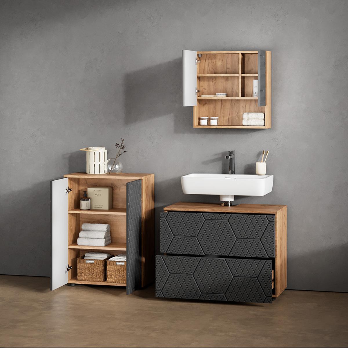 BADMÖBEL-SET Ronco Anthrazit mit Wabenstruktur 3 Teile, mit Unterschrank 80 cm - Anthrazit, Holzwerkstoff (80/58/41cm) - Livinity®