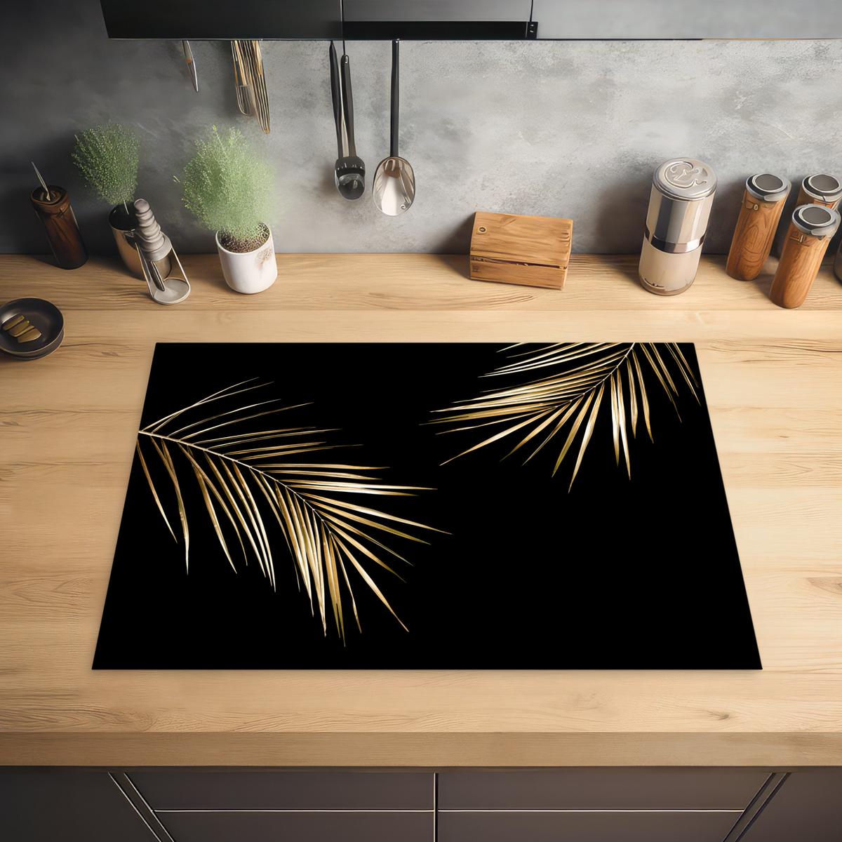 HERDABDECKPLATTE Blätter - Pflanzen - Gold - Schwarz - Luxus Herdabdeckung Induktionsfeld 75x52 cm - Goldfarben, Kunststoff (75/52/0.2cm) - MuchoWow