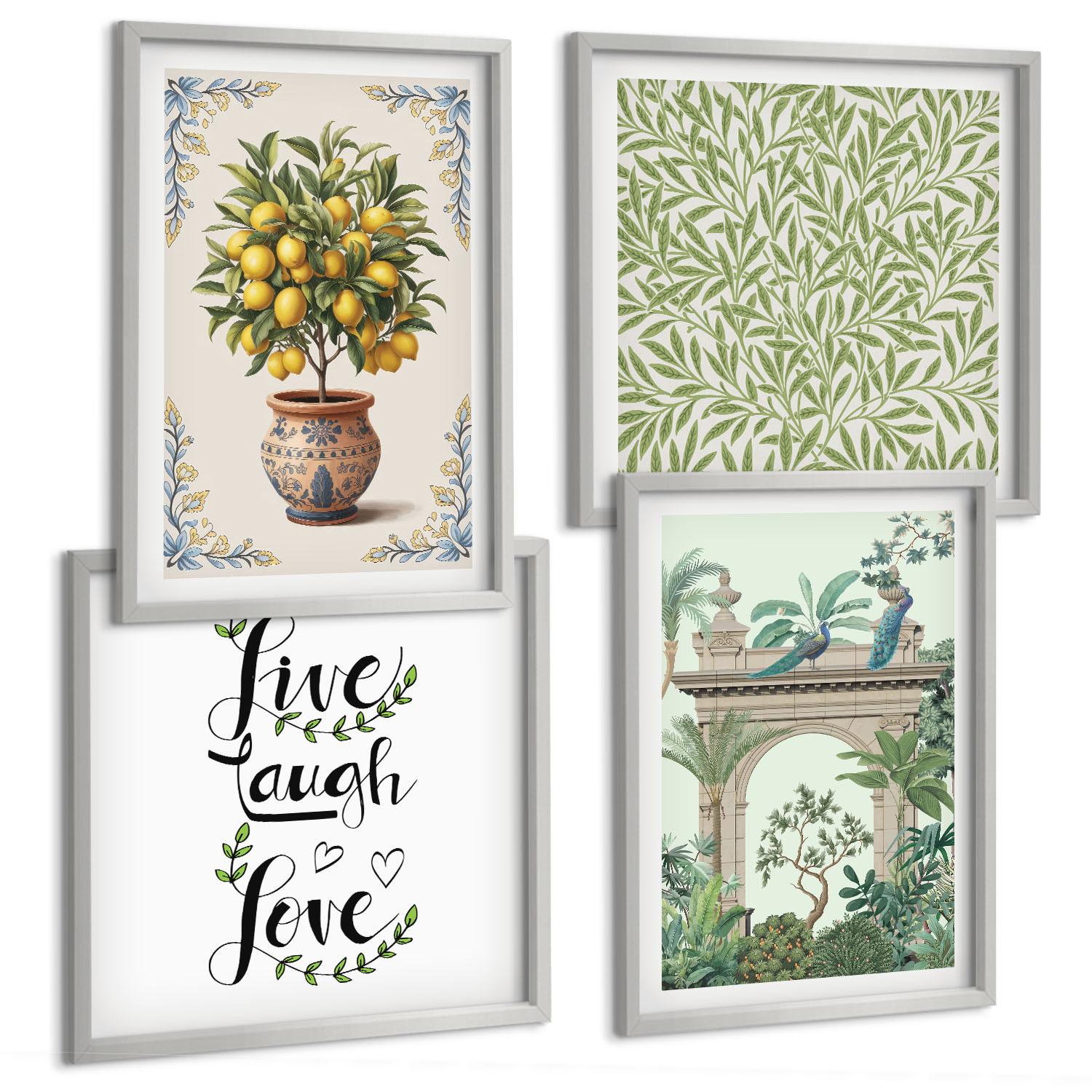BILDER SET 4er Set - 50x50 cm & 40x60 cm Silberner Rahmen - Grüne Blätter exotischer Pflanzen - Silberfarben, Kunststoff (50/50cm) - TULUP