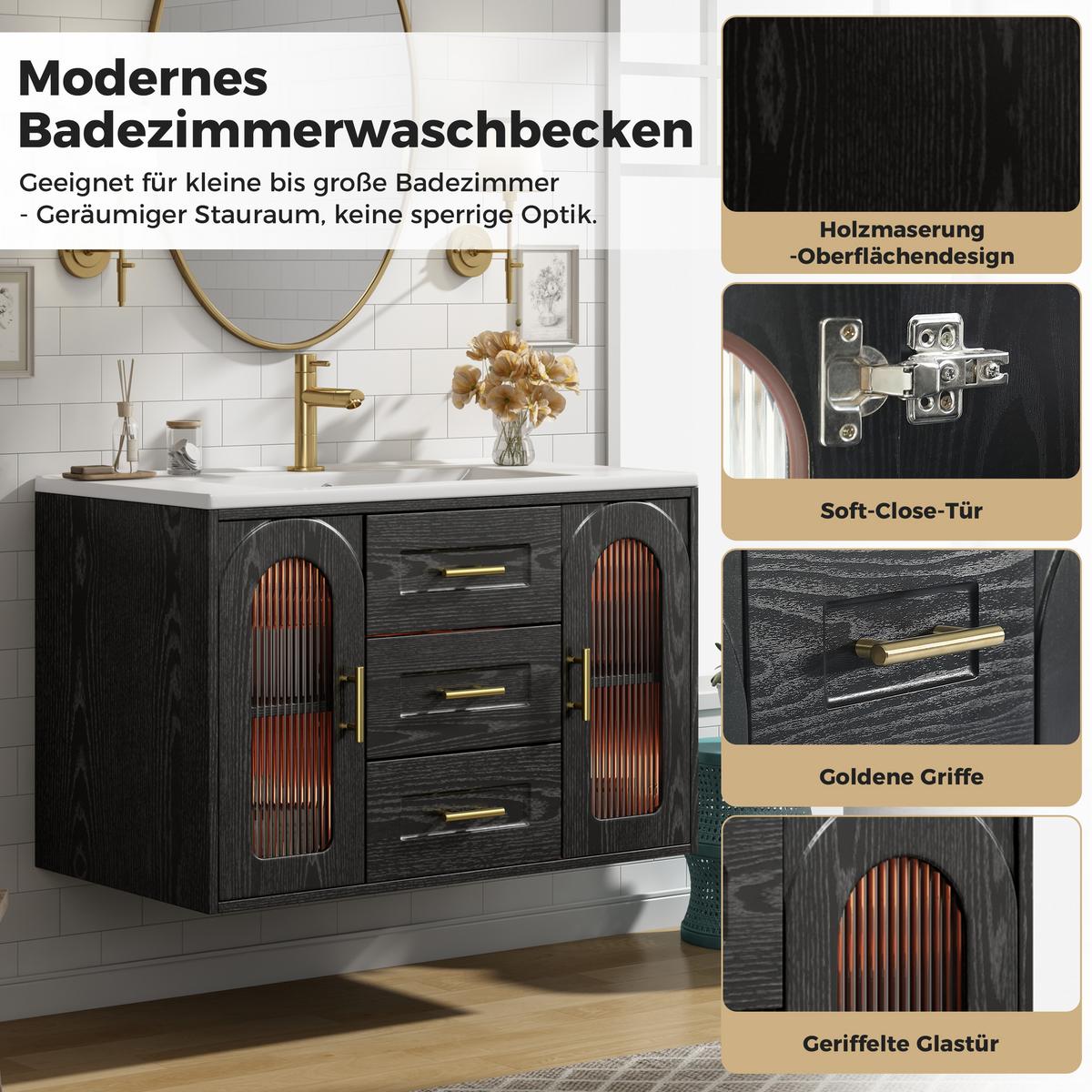 WASCHTISCHUNTERSCHRANK Wandhängend Schwarz mit LED, geriffeltem Glas & Schubladen - Schwarz, Holzwerkstoff (76/55/46cm) - Urban Meuble