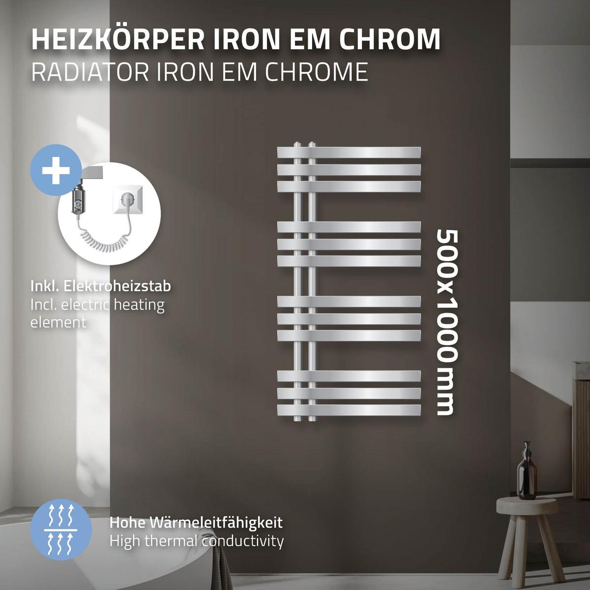 BADHEIZKÖRPER elektrisch Iron EM 500x1000 mm Chrome mit Heizstab 300W - Chromfarben, Metall (50/100/3cm) - LuxeBath