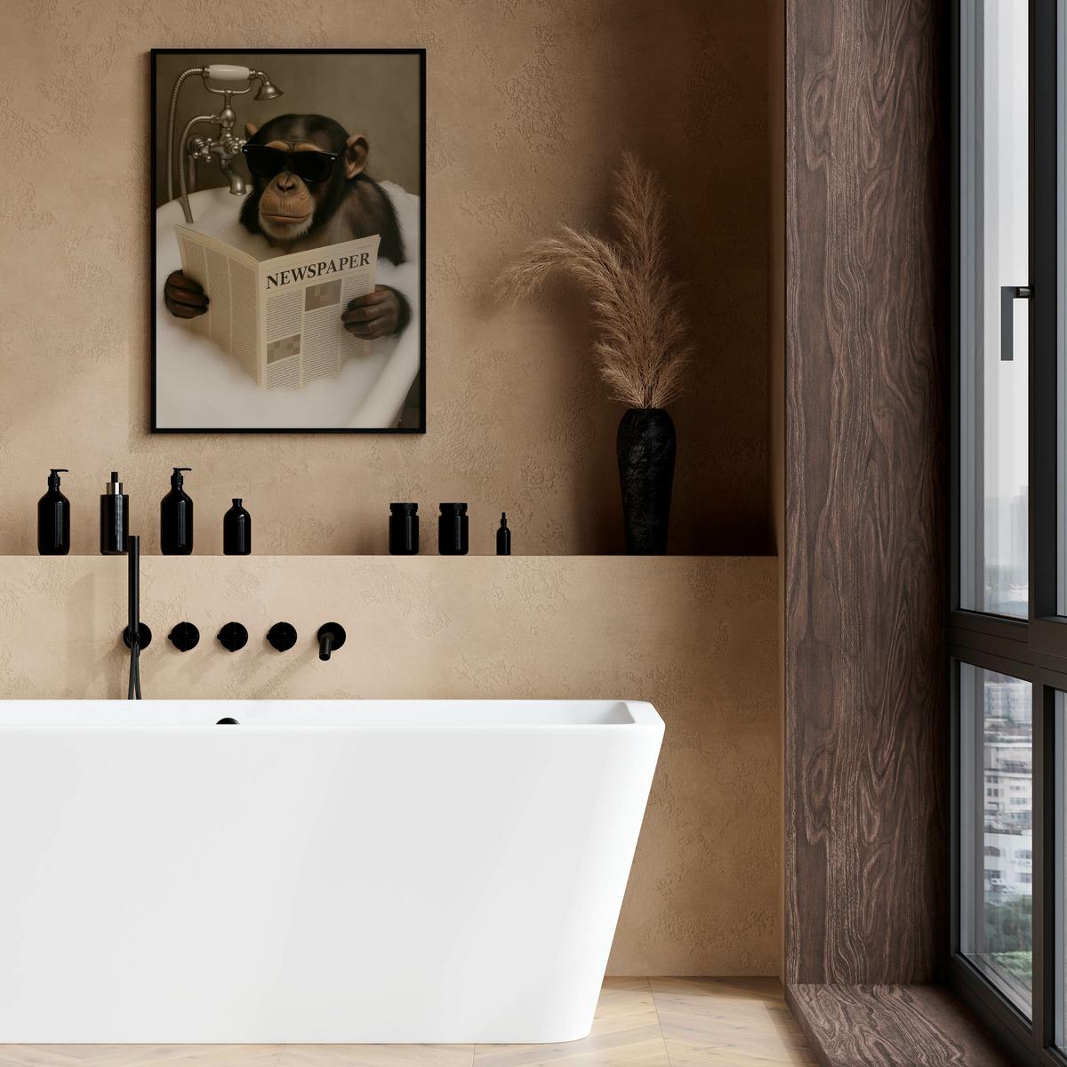 POSTER für Badezimmer WC SCHIMPANSE in Badewanne Affe mit Zeitung Abstraktion 50x70cm - Beige/Schwarz, Papier (50/70/70cm) - Muralo