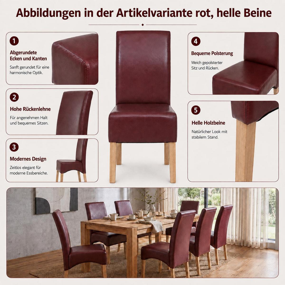 ESSZIMMERSTUHL Rot 6er-Set - Rot, Holz (44/102/54cm) - MCW