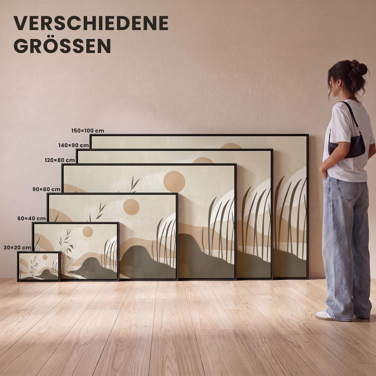 LEINWAND Bilder mit Rahmen - Japandi - Landschaft - Beige - 90x60 - Cognac, Textil (90/60cm) - MuchoWow