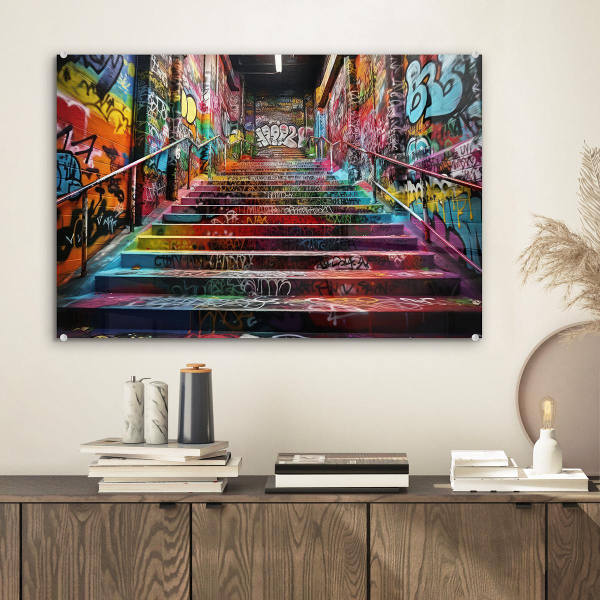 ACRYLGLASBILD Treppe - Graffiti - Farben - Kunst Wanddeko 60x40 cm - Multicolor, Glas (60/40cm) - MuchoWow