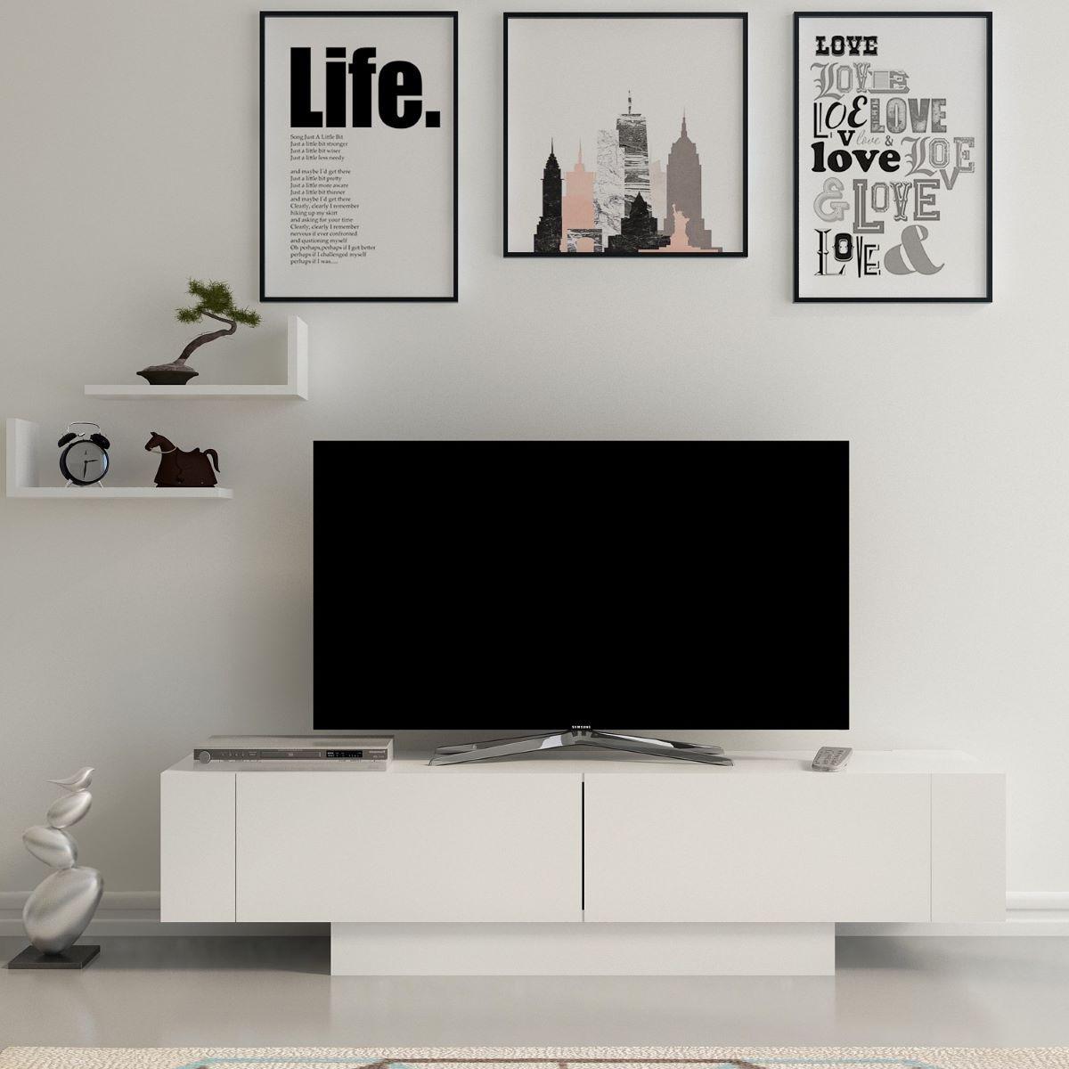 TV-MÖBEL mit 2 Türen und 2 weißen Wandregalen, Länge 150 cm - Matera - Weiß, Holzwerkstoff (31.5/41.6/10cm) - Calicosy