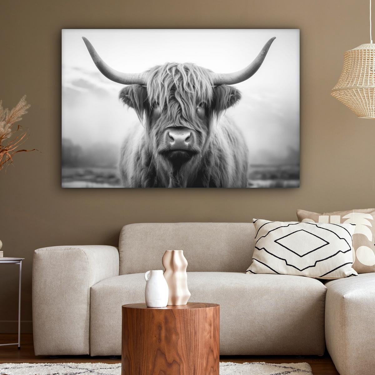 LEINWANDBILD Schottischer Highlander - Nebel - Schwarz - Weiß Wohnzimmer Groß 120x80 cm - Grau, Textil (120/80cm) - MuchoWow