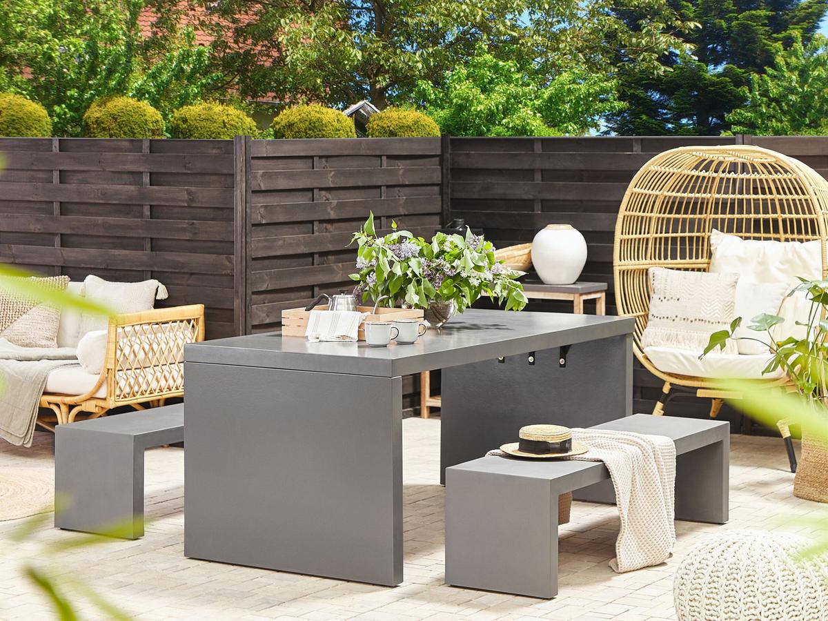 GARTENMÖBEL SET U-Form Beton grau Tisch mit 2 Bänken Taranto - Grau, Stein - Beliani