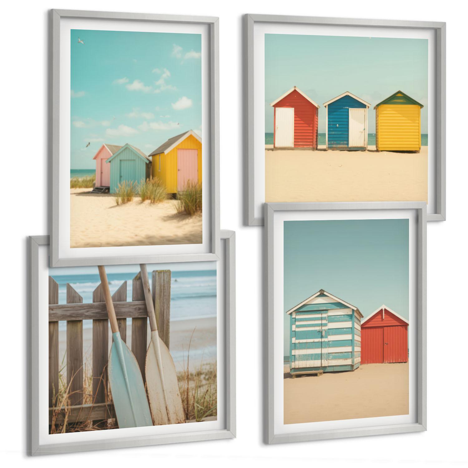 BILDER SET 4er Set - 50x50 cm & 40x60 cm Silberner Rahmen - Bunte Häuser, Strand, Sonne - Silberfarben, Kunststoff (50/50cm) - TULUP