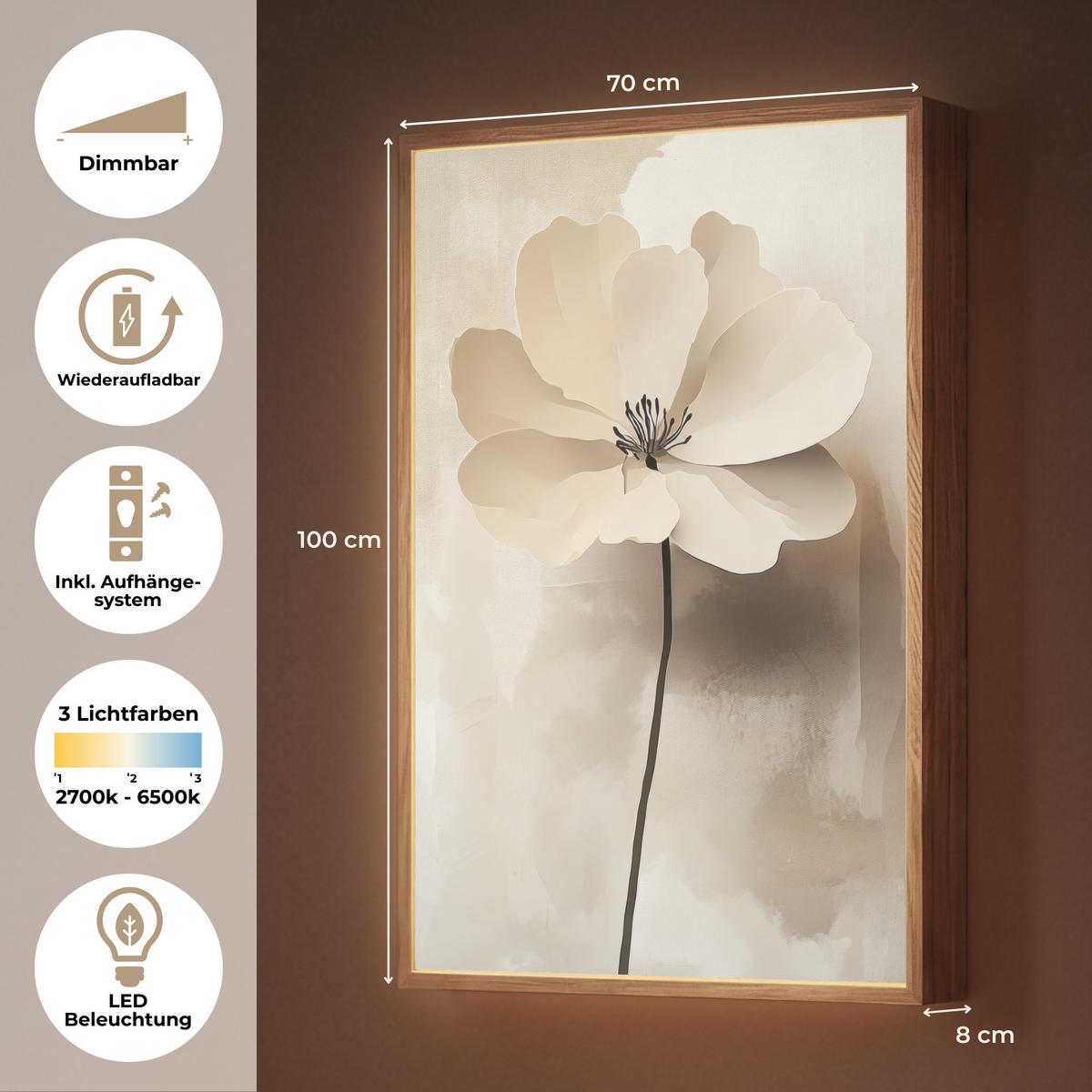 WANDLEUCHTE MIT AKKU Blume - Beige - Farbe - Schatten 70x100 cm - Beige, Holzwerkstoff (70/100/8cm) - OnlyWow