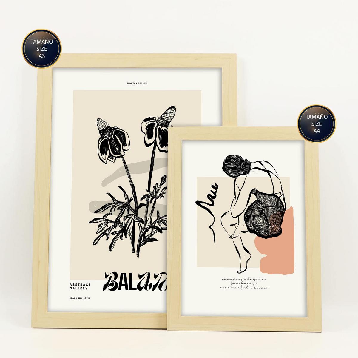 POSTER Set Mit 6 In Schwarzer Tinte Gefühle Kunstdrucke Im Skizzenstil Für Innenarchitektur A3 & A4 Rahmen Aus Hellem Holz - Beige, Papier (29/3cm) - Nacnic