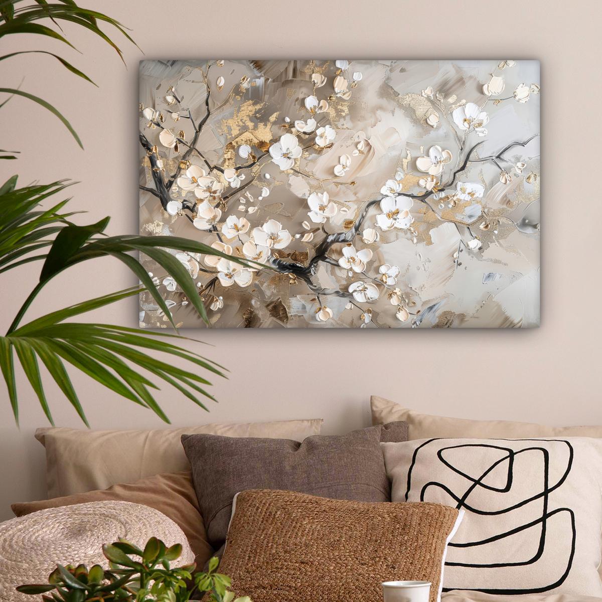 LEINWANDBILD Blumen - Weiß - Gold - Beige - Luxus Gemälde 60x40 cm - Greige, Textil (60/40cm) - MuchoWow