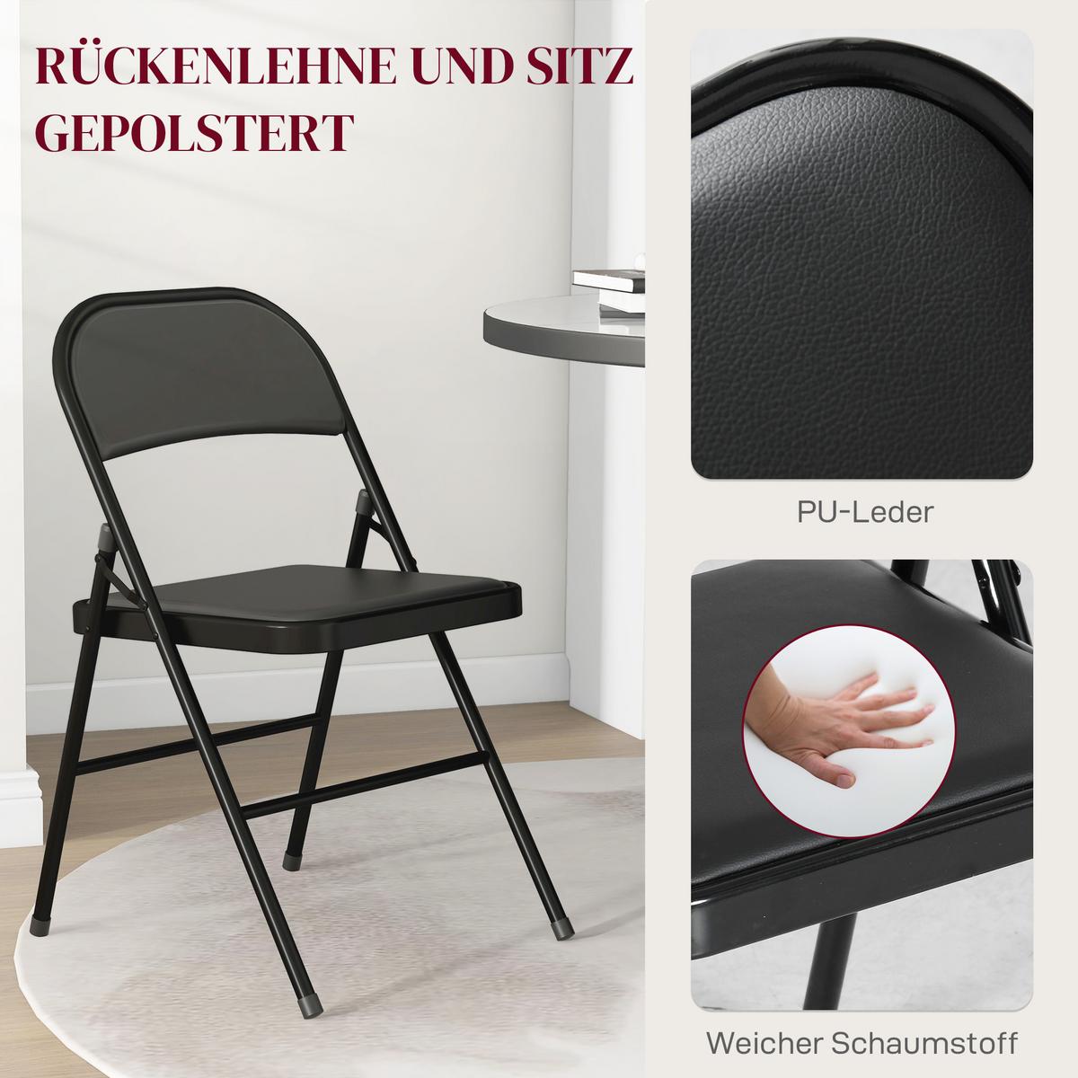 2ER-SET Klappstühle Tragbare Bürostuhl mit Kissen Stahlbeine Kunstleder, Schwarz - Schwarz, Metall (46/78/45cm) - HOMCOM