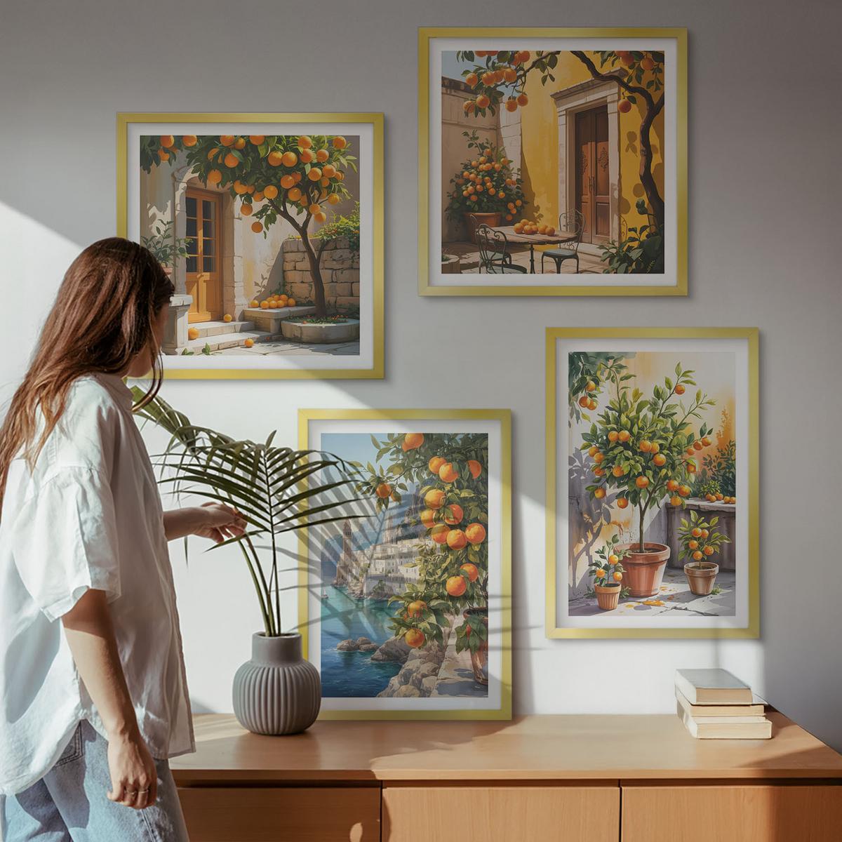 BILDER SET 4er Set - 50x50 cm & 40x60 cm Goldrahmen - Gemalte Zitruslandschaften - Goldfarben, Kunststoff (50/50cm) - TULUP