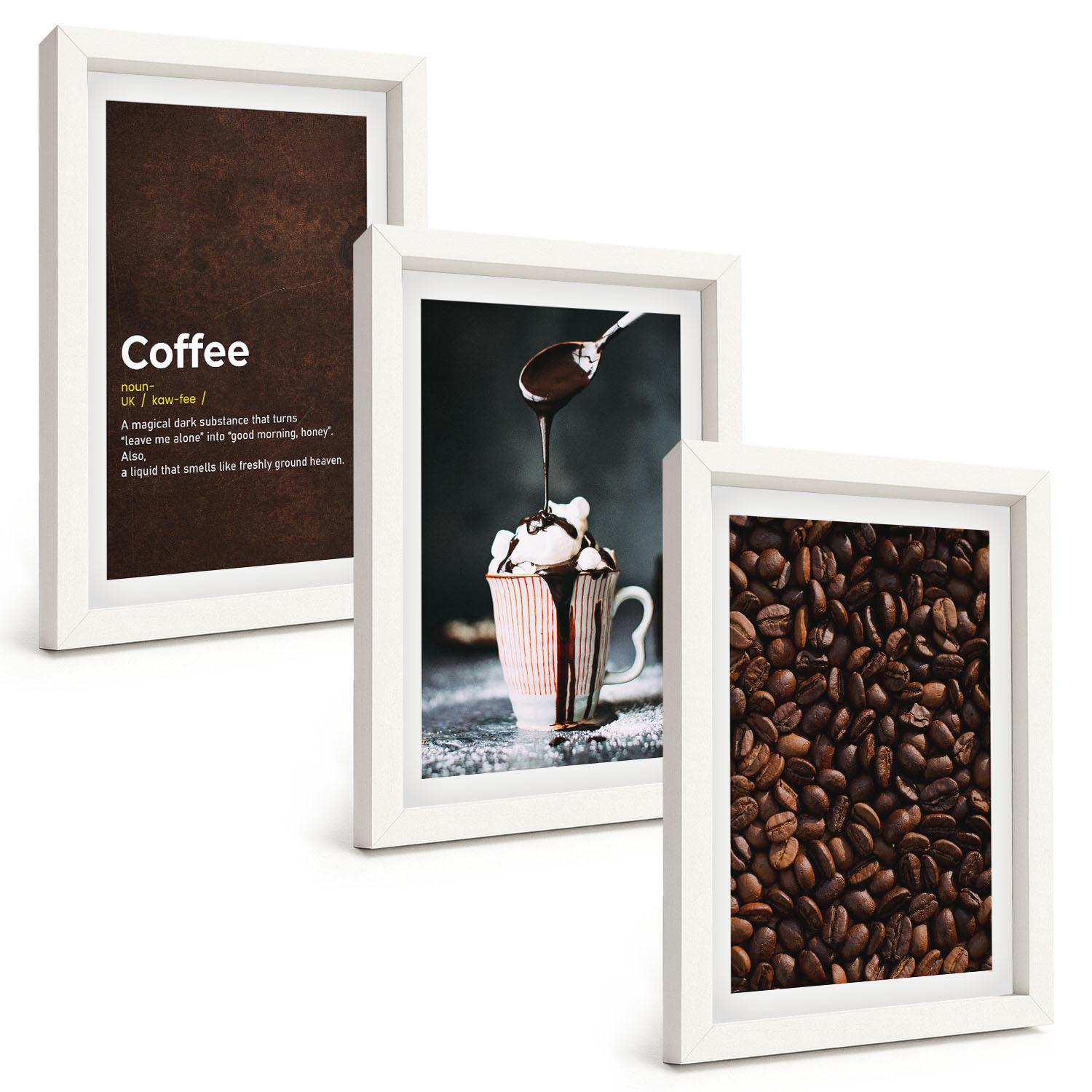 BILDER SET 3er Set - 20x30 cm Weißer Rahmen - Kaffeegetränk mit Schlagsahne - Weiß, Kunststoff (20/30cm) - TULUP