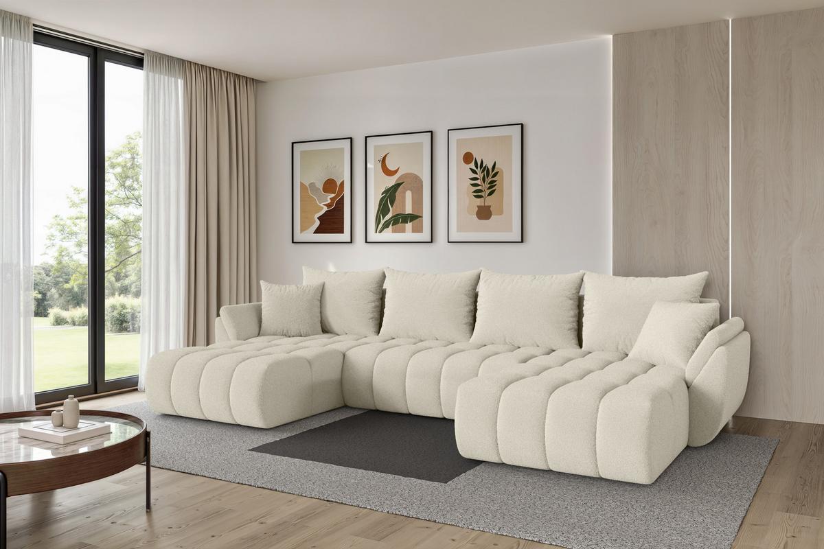 WOHNLANDSCHAFT mit Schlaffunktion und Bettkasten TOKO-U-v1 378x194x86 Beige Bouclé - Sandfarben/Beige, Holzwerkstoff/Kunststoff (378/86/194cm) - ALTDECOR