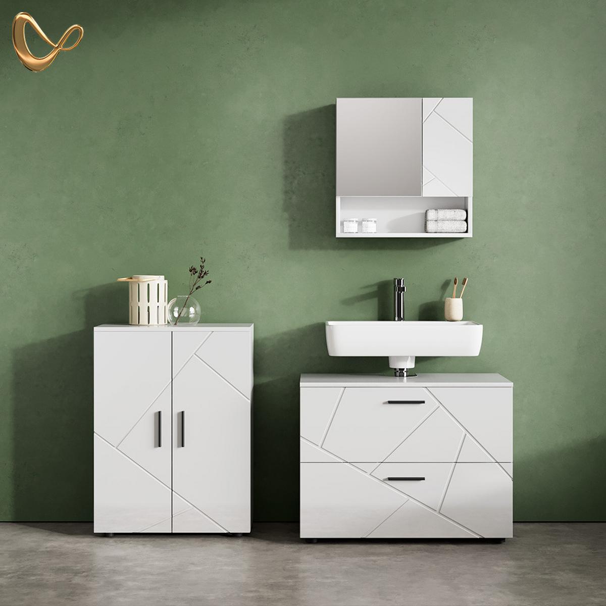 BADMÖBEL-SET Ronco Weiß Hochglanz 3 Teile, mit Unterschrank 80 cm - Weiß Hochglanz, Holzwerkstoff (80/58/41cm) - Livinity®