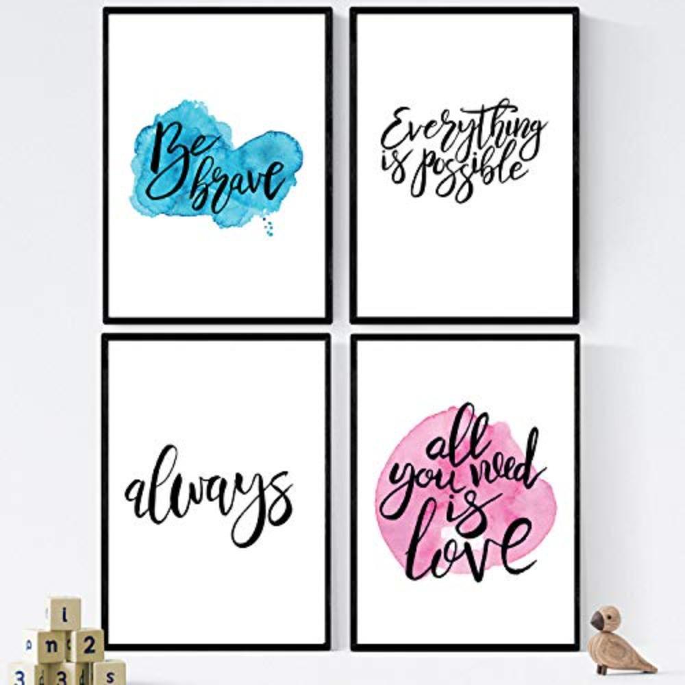 POSTER Set mit 4 glücklich und bunt ‚Immer‘ A4 Schwarzer Rahmen - Schwarz, Papier (29.7/3cm) - Nacnic