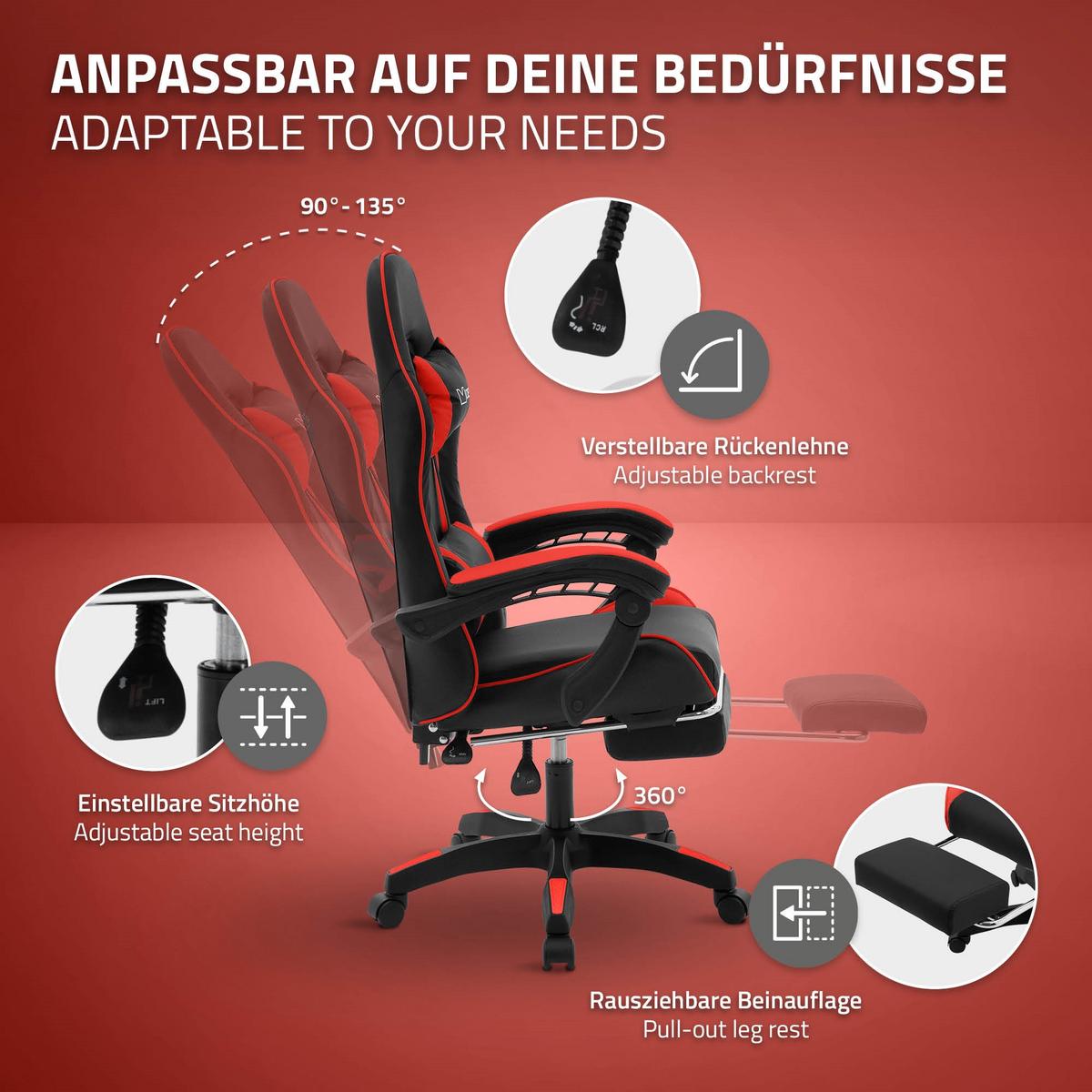 GAMINGSTUHL Schwarz-Rot aus Kunstleder - Rot/Schwarz, Kunststoff/Metall (62/119/62cm) - ML-DESIGN