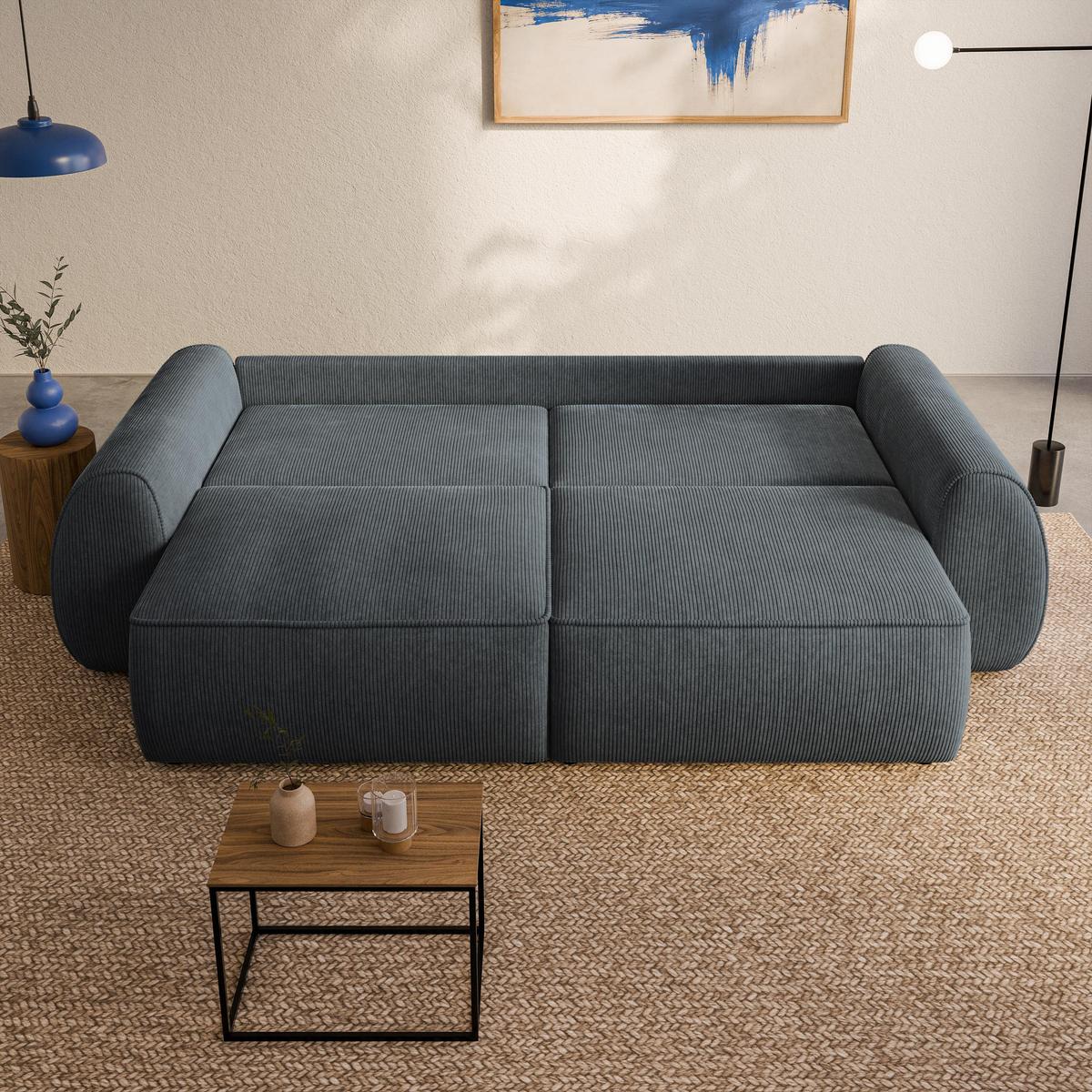 BETTSOFA ZEFEO Grau Kordstoff mit Schlaffunktion - Grau, Textil (264/96/106cm) - MASSENO