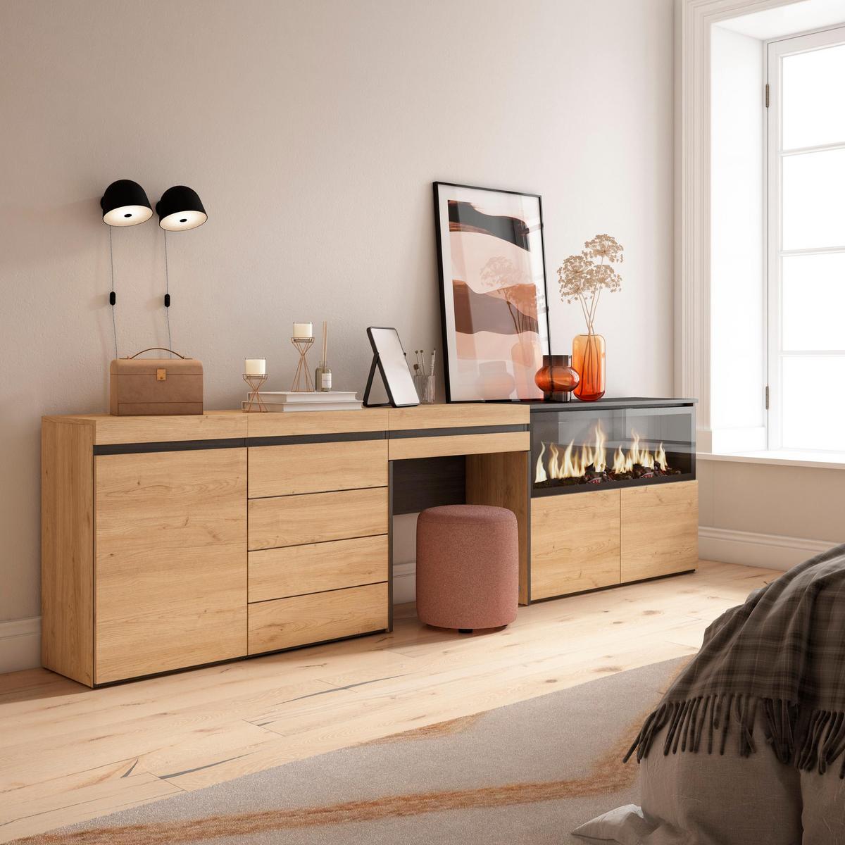 SIDEBOARD mit Konsolentisch Elektrokamin XXL, eiche, 284/35/75cm - Eichefarben, Holzwerkstoff (284/75/35cm) - Skraut Home