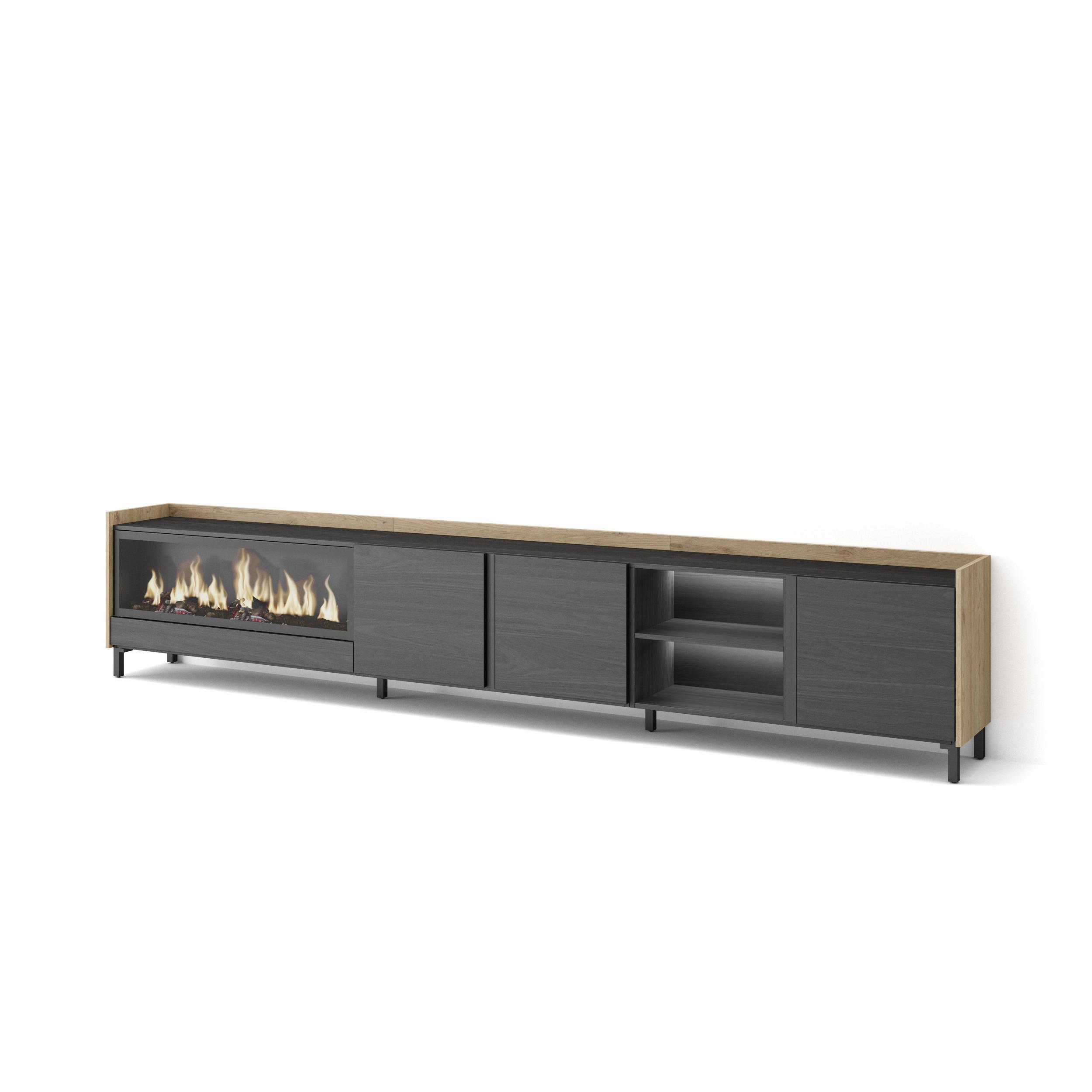 LOWBOARD, Schwarz und Eiche, 315/35/61cm, Kamin mit Feuereffekt XXL - Schwarz, Holzwerkstoff (315/61/35cm) - Skraut Home