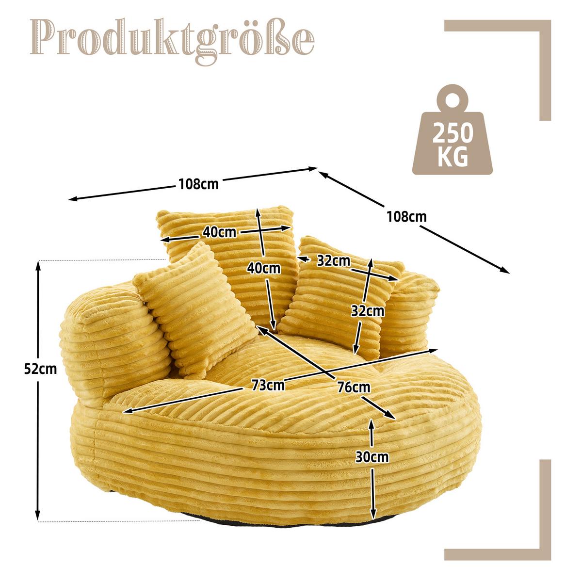 SITZSACK in Chenille mit 3 Kissen - Gelb, Textil (108/52/108cm) - Urban Meuble