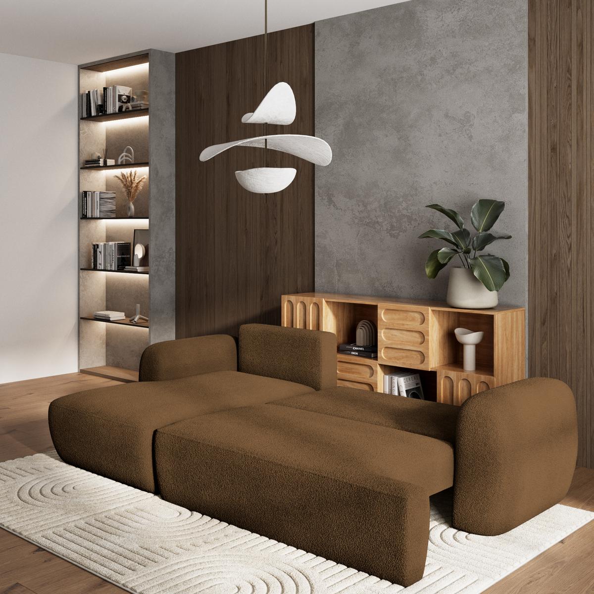 ECKSOFA MODENZA N L-S Braun Boucle-Stoff mit Schlaffunktion - Schwarz/Braun, Holz/Kunststoff (266/148cm) - MASSENO