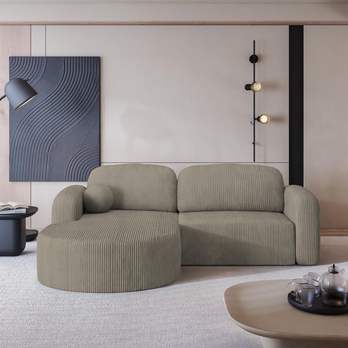 ECKSOFA AMILIA P L-S Beige Kordstoff mit Schlaffunktion - Beige, Holz (263/174cm) - MASSENO