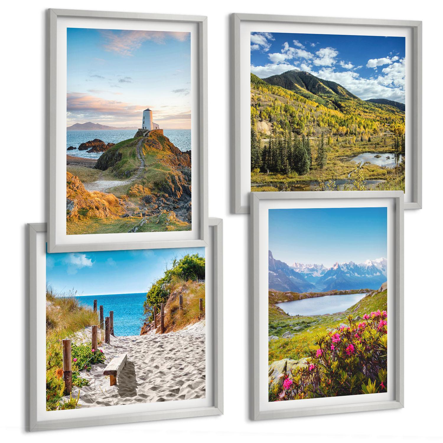 BILDER SET 4er Set - 50x50 cm & 40x60 cm Silberner Rahmen - Strand, Leuchtturm, Berge, Wiesen, Blumen - Silberfarben, Kunststoff (50/50cm) - TULUP