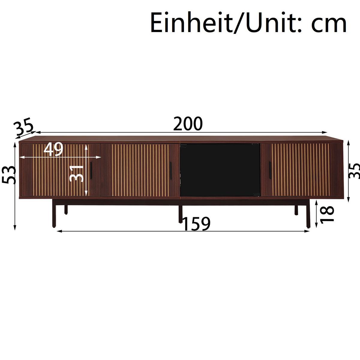 TV-LOWBOARD mit geschnitzter Textur, Glas-Tür & LED-Beleuchtung - Braun, Holz (35/53/200cm) - Urban Meuble
