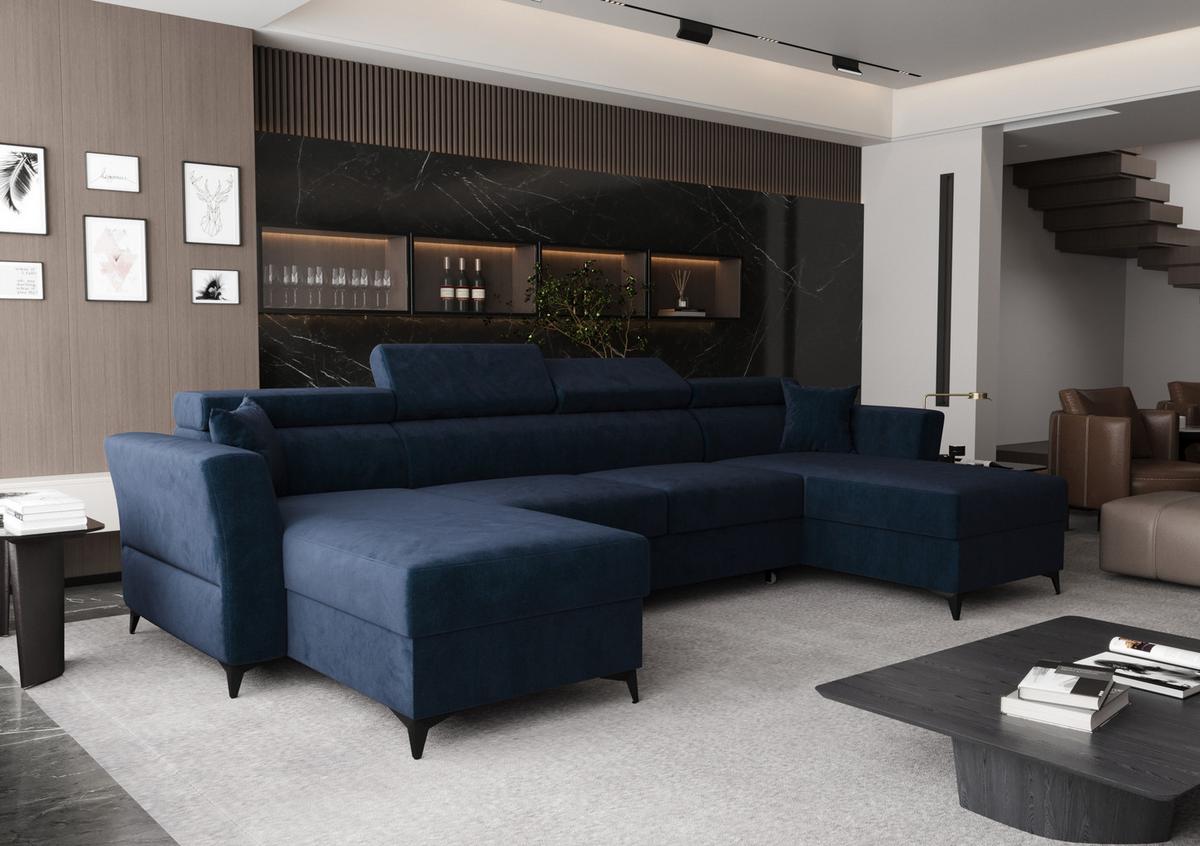 WOHNLANDSCHAFT Ribella Blau 345/180/100 cm mit Schlaffunktion - Schwarz/Dunkelblau, Textil/Metall (345/100/180cm) - AX Living