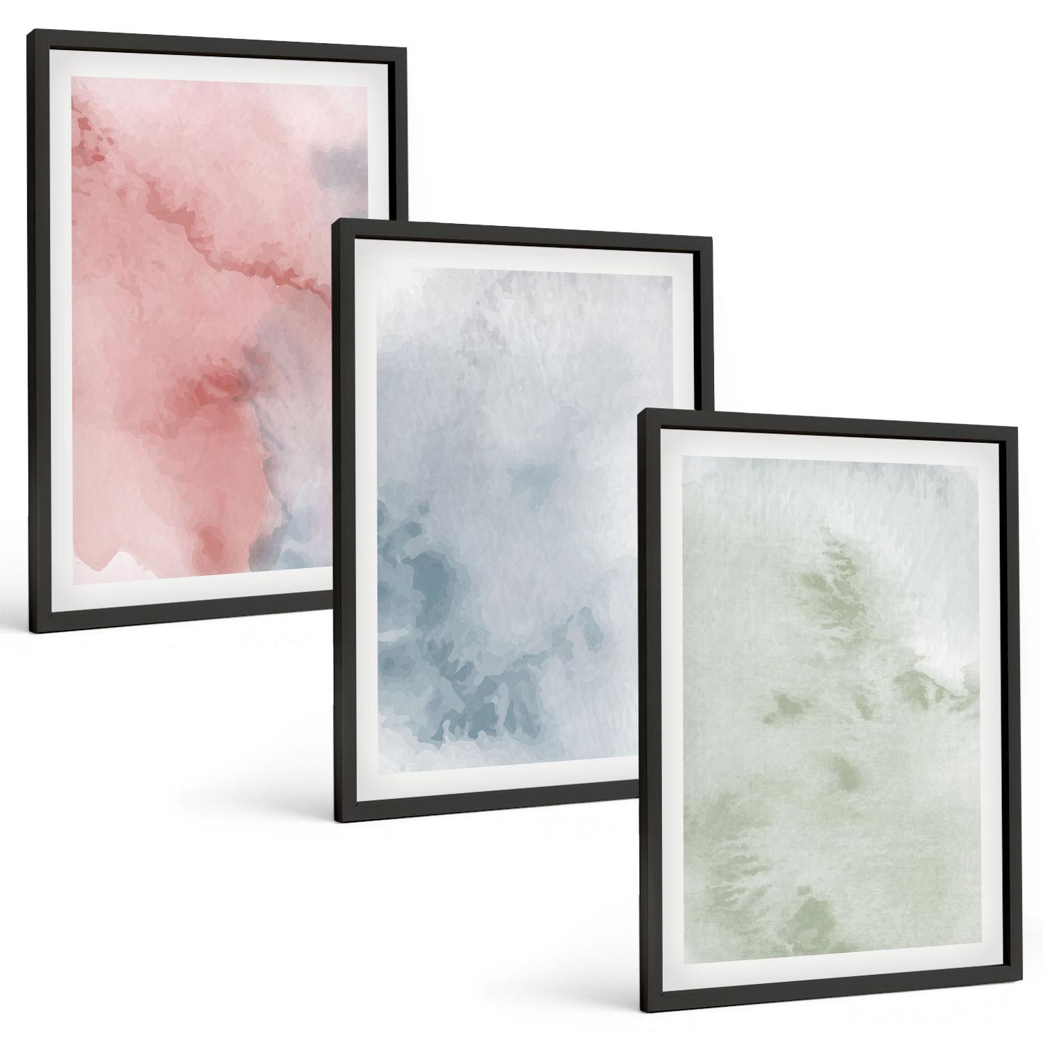 BILDER SET 3er Set - 40x60 cm Schwarzer Rahmen - Pastellfarbene Aquarellstrukturen - Schwarz, Kunststoff (40/60cm) - TULUP