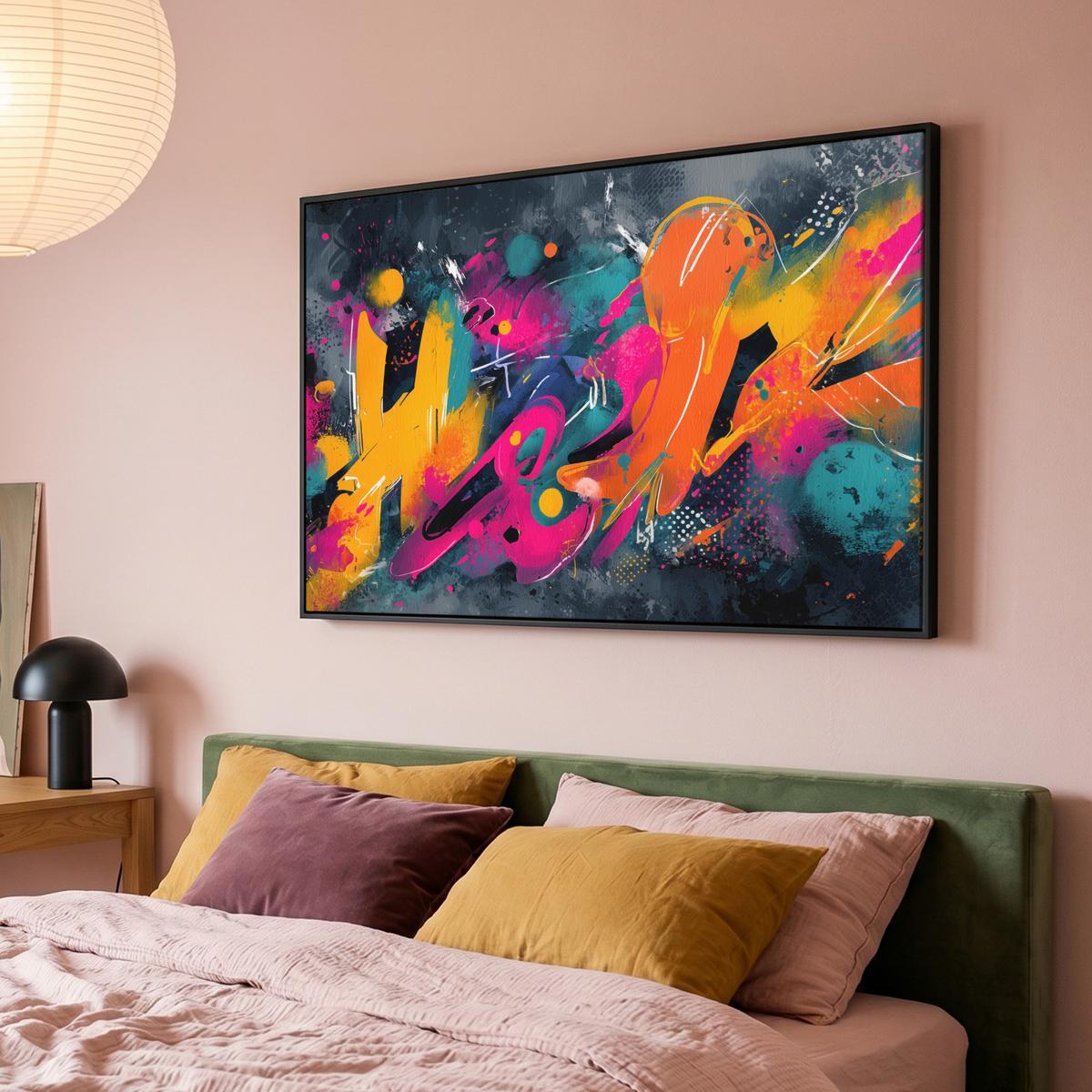 LEINWAND Bilder mit Rahmen - Abstrakt - Graffiti - Farbenfroh - Farbspritzer - 120x80 - Multicolor, Textil (120/80cm) - MuchoWow