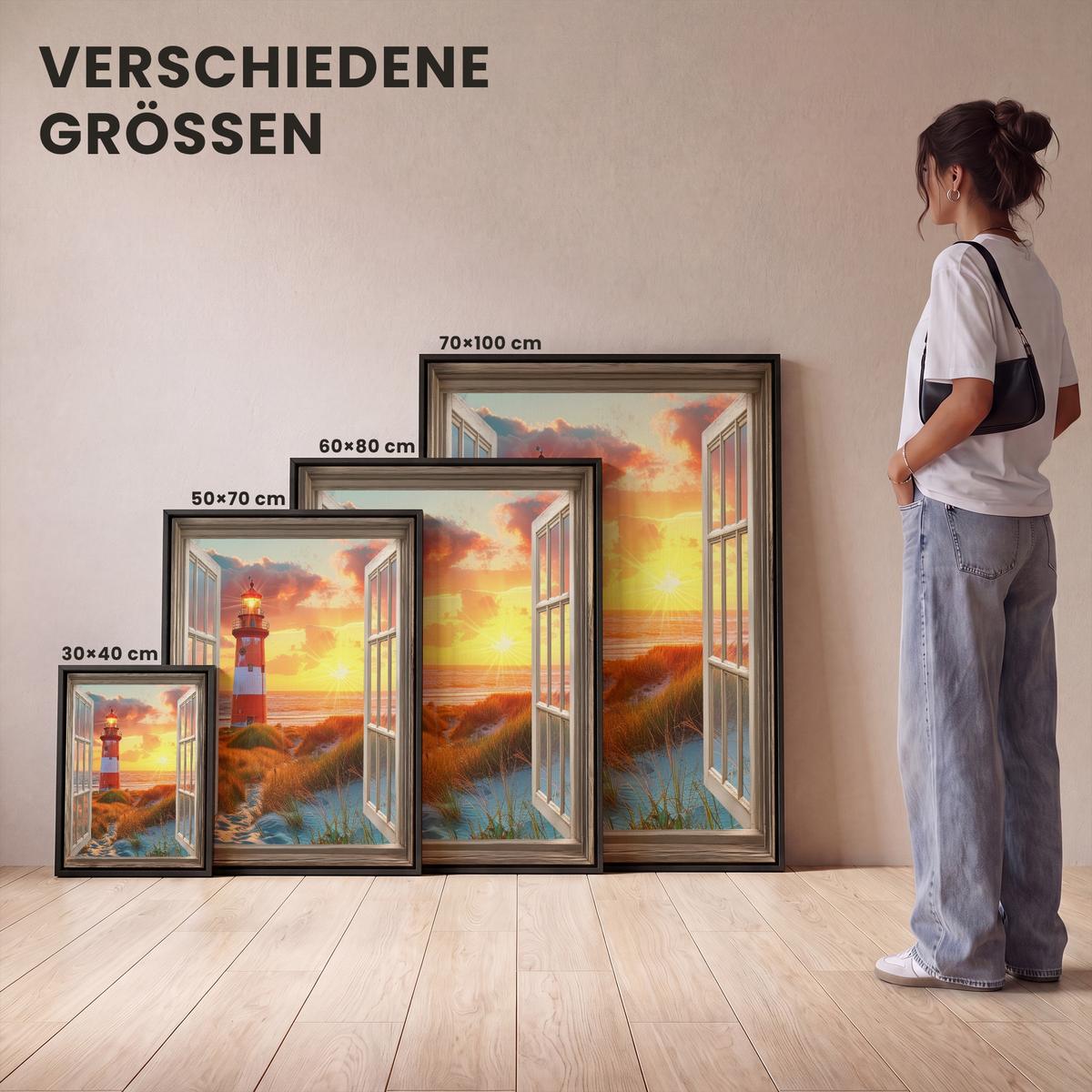 LEINWAND Bilder mit Rahmen - Aussicht - Fenster - Leuchtturm - Sonnenuntergang - Strand - 70x100 - Dunkelorange, Textil (70/100cm) - MuchoWow