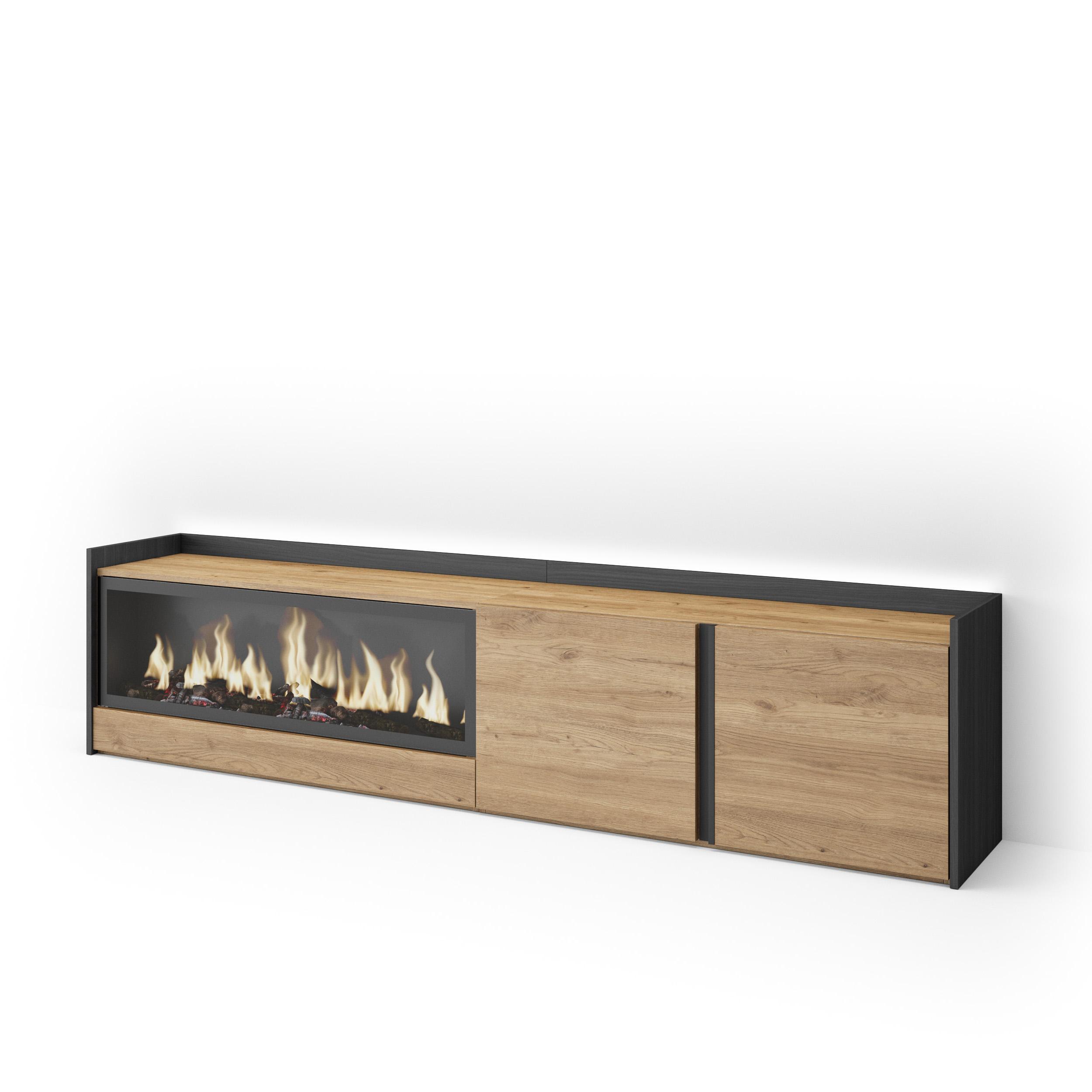 LOWBOARD, Eiche und Schwarz, 212/35/50cm, Kamin mit Feuereffekt XXL - Eichefarben, Holzwerkstoff (212/50/35cm) - Skraut Home